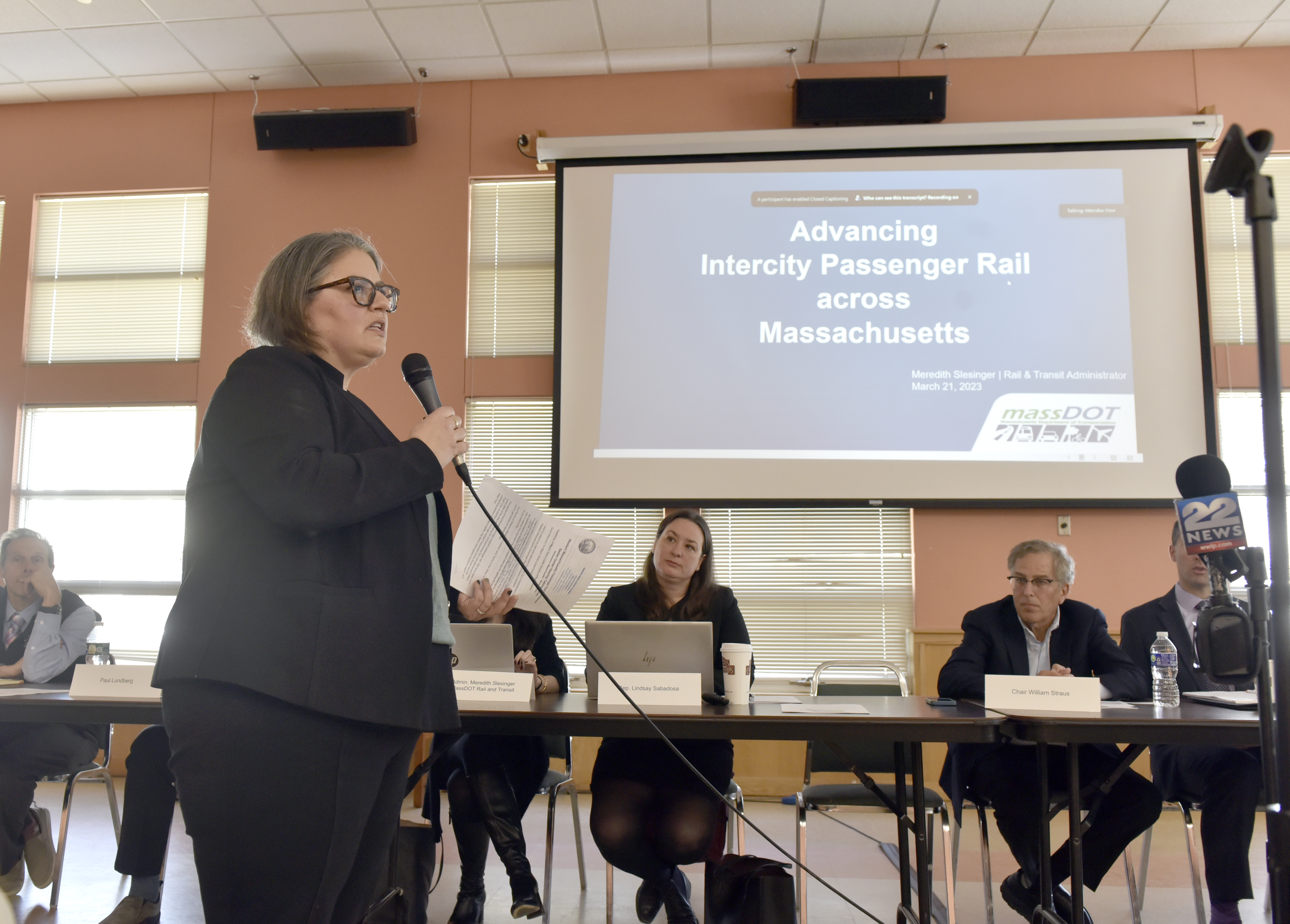Northampton Mayor Gina-Louise Sciarra speaks during a meeting of the Western Massachusetts Passenger Rail Commission at the Northampton Senior Center.  (Don Treeger / The Republican)  3/21/2023