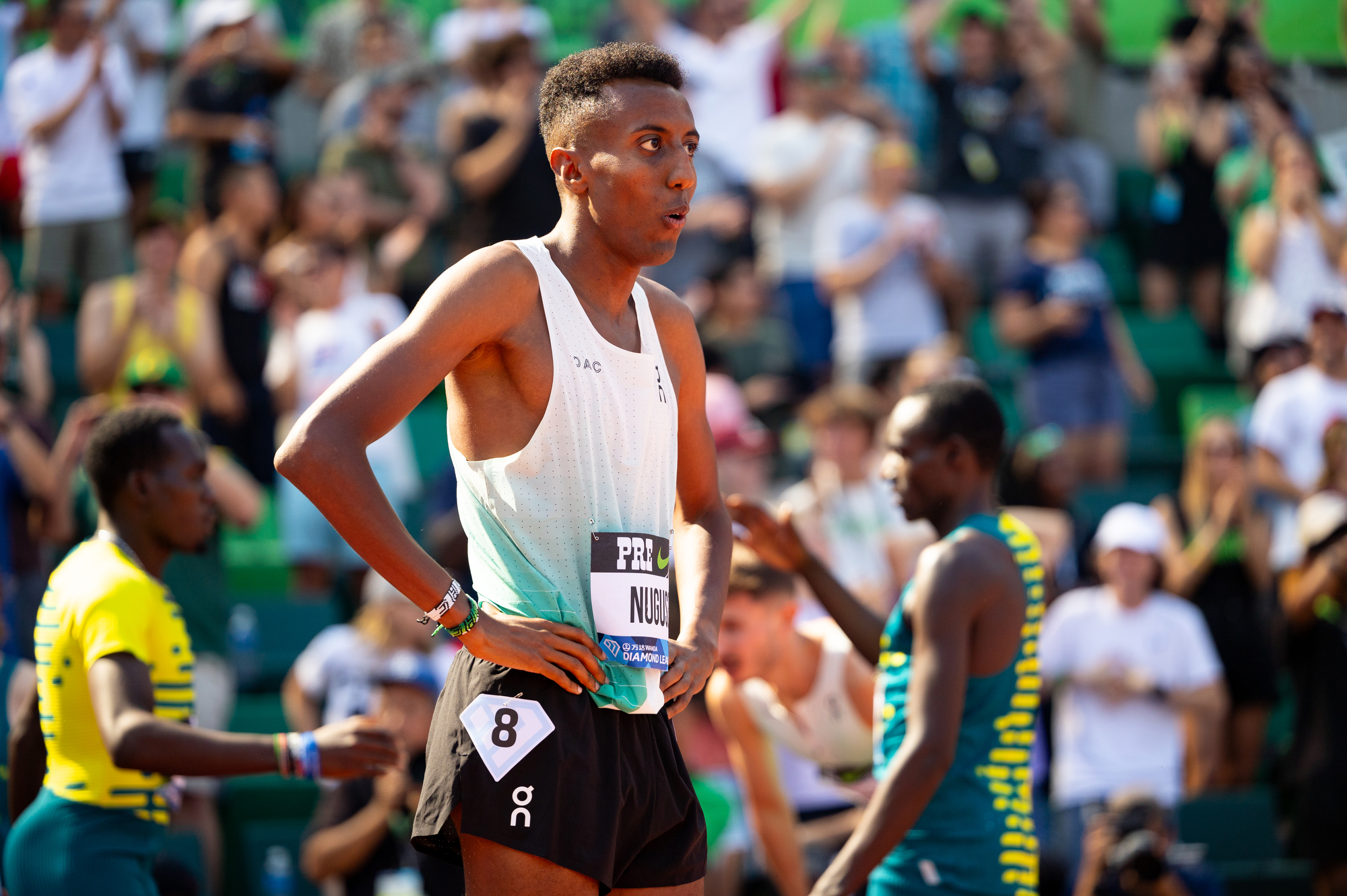 Yared Nuguse of the United States gets set for the men’s Bowerman Mile event at the Prefontaine Classic track and field meet on Saturday, Sept. 16, 2023, at Hayward Field in Eugene. Nuguse finished second in the event, but set an American record in the mile, with a time of 3 minutes, 43.97 seconds.