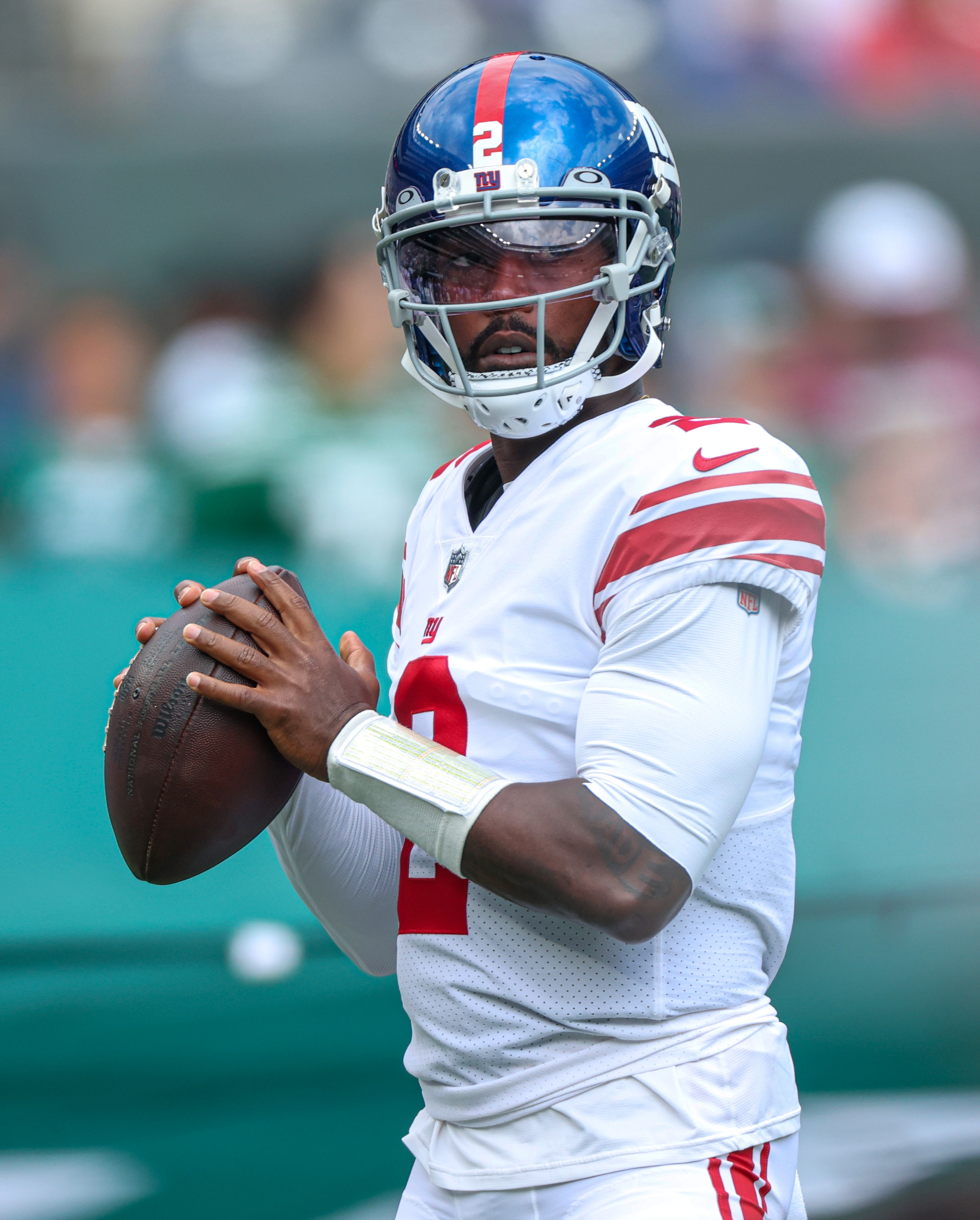 New York Jets cornerback Sauce Gardner (1) runs on a play in the first half  of a preseason NFL football game against the New York Giants, Sunday, Aug.  28, 2022, in East