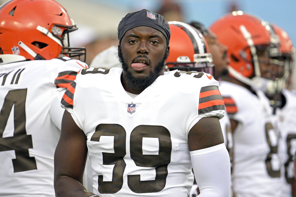 Cleveland Browns wide receiver Travell Harris (83) walks off the field at  the end of an NFL preseason football game against the Jacksonville Jaguars,  Friday, Aug. 12, 2022, in Jacksonville, Fla. The