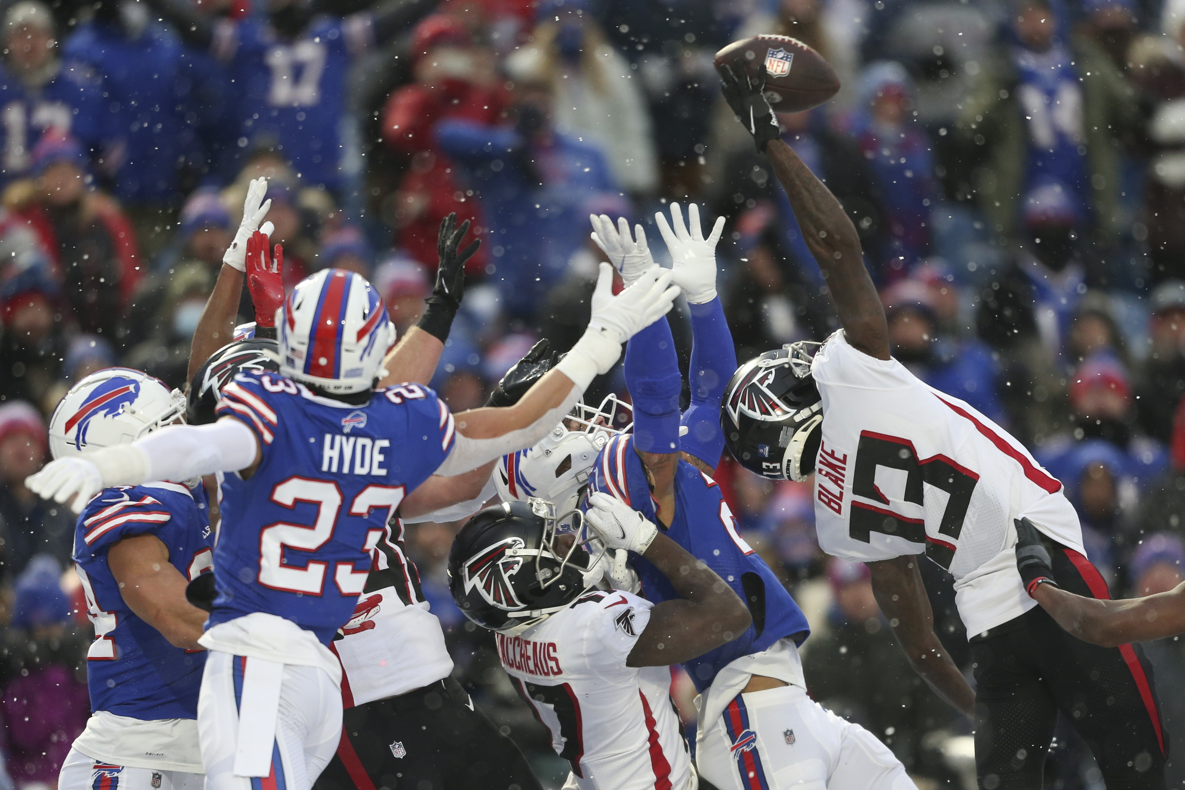 Atlanta Falcons wide receiver Christian Blake (13) reacts during