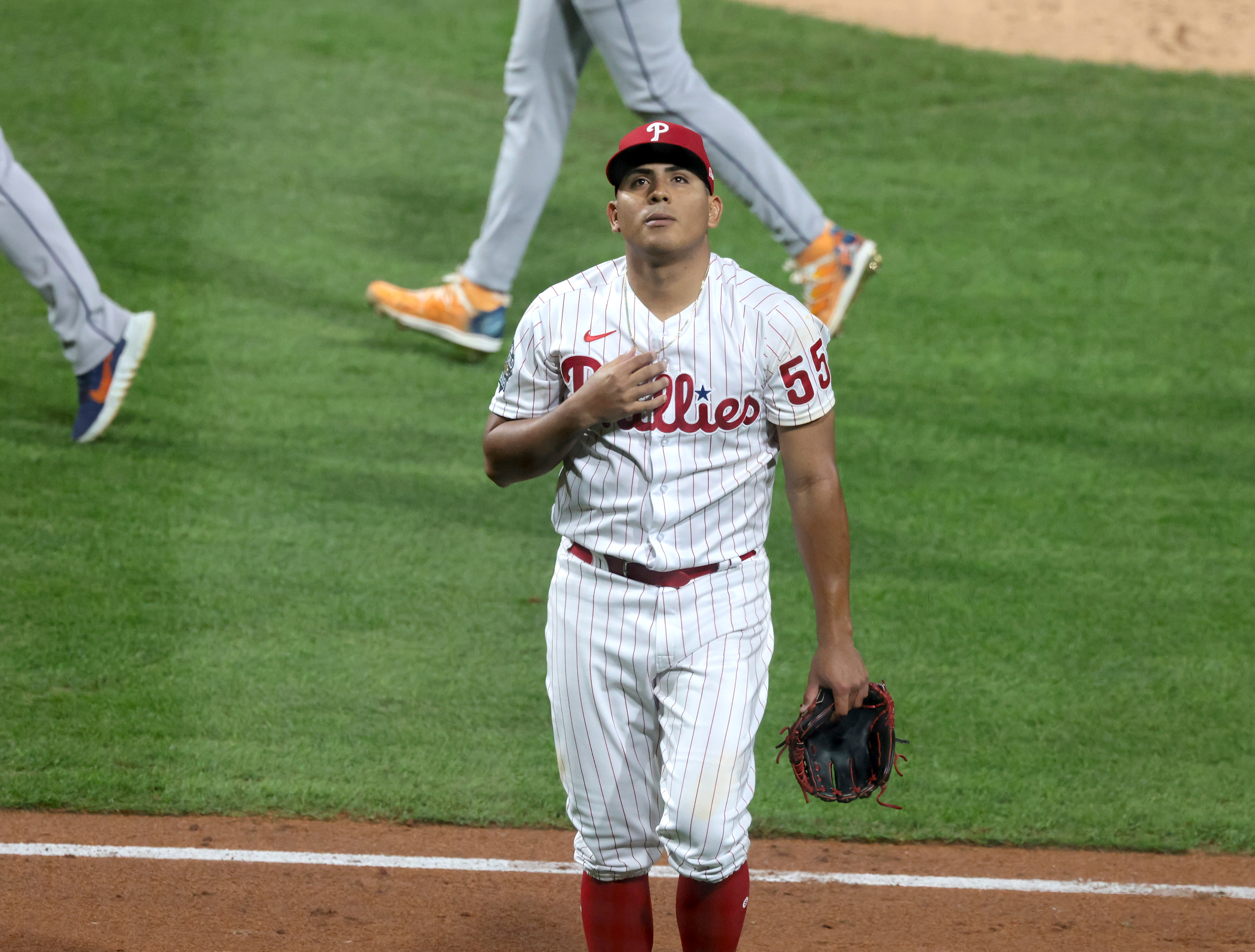 Ranger Suarez (55) of the Philadelphia Phillies walks off the field after the second inning vs. the Houston Astros during Game 3 of the World Series at Citizens Bank Park, Tuesday, Nov. 1 2022.