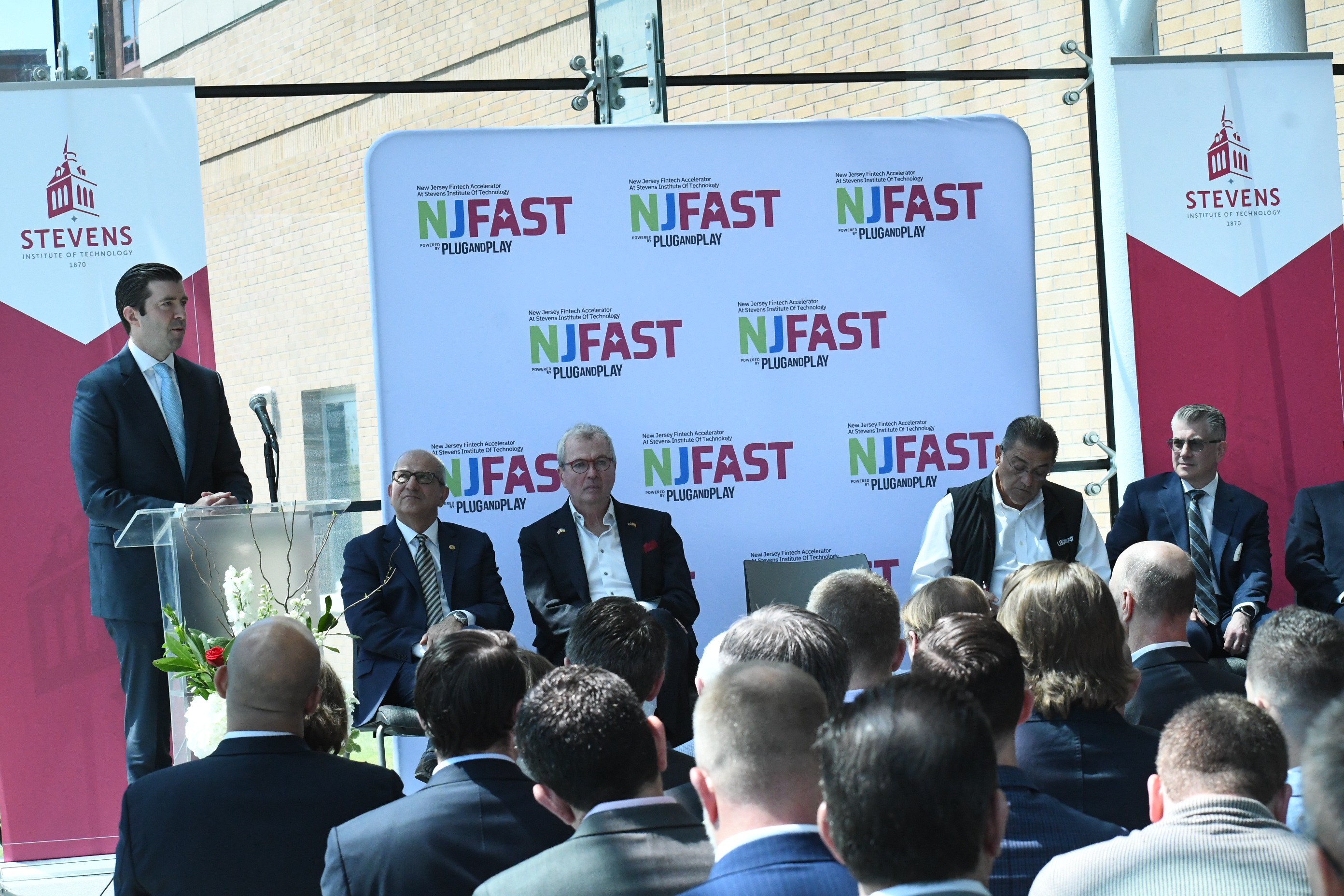 Gov. Phil Murphy, New Jersey Economic Development Authority Executive Director Tim Sullivan and other officials announce the launch of the New Jersey Fintech Accelerator at Stevens Institute of Technology (NJ FAST), which will serve as a hub for financial technology and insurance technology startups. Sullivan is seen discussing the program.