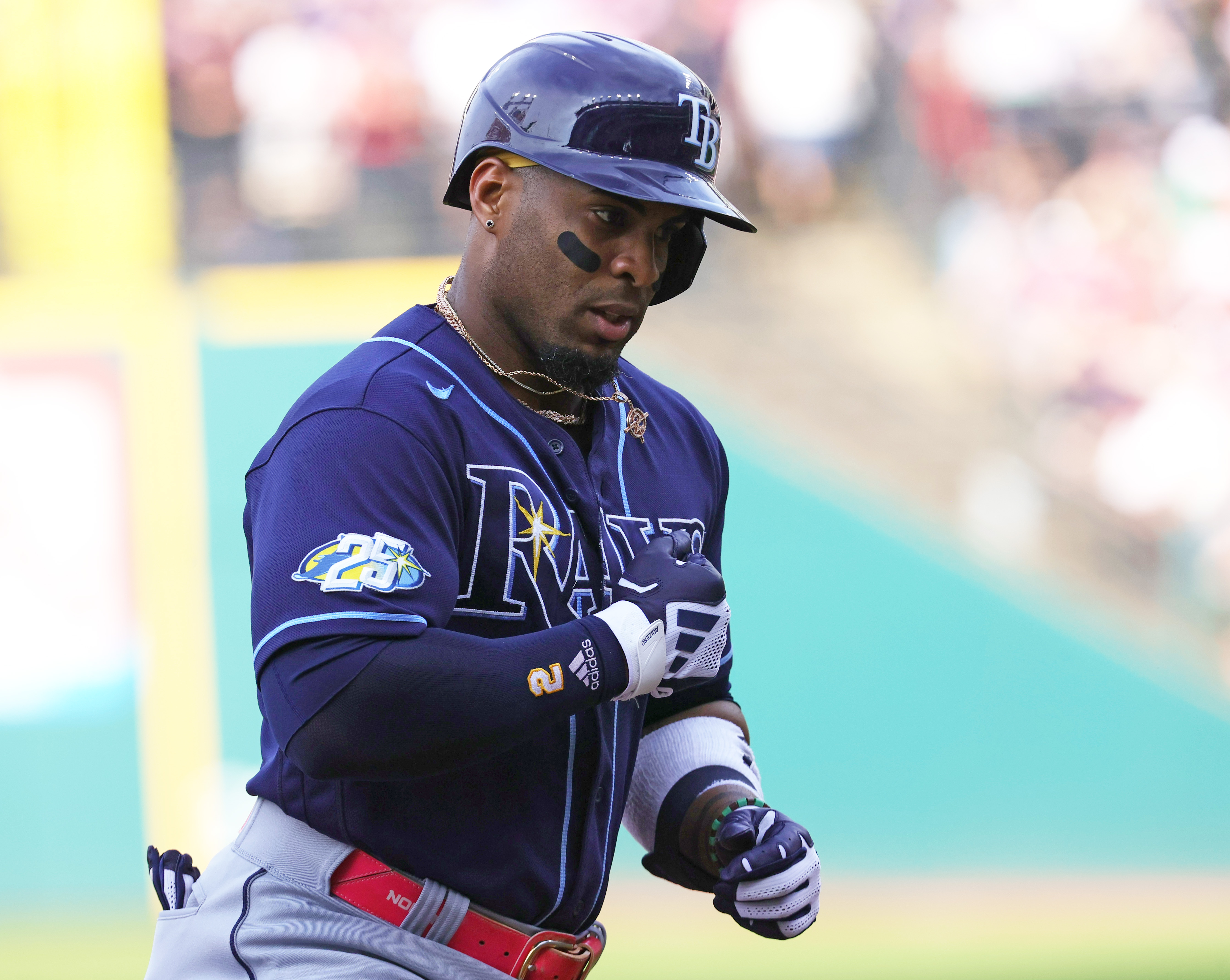 Tampa Bay Rays first baseman Yandy Diaz rounds the bases after a solo homer in the first inning