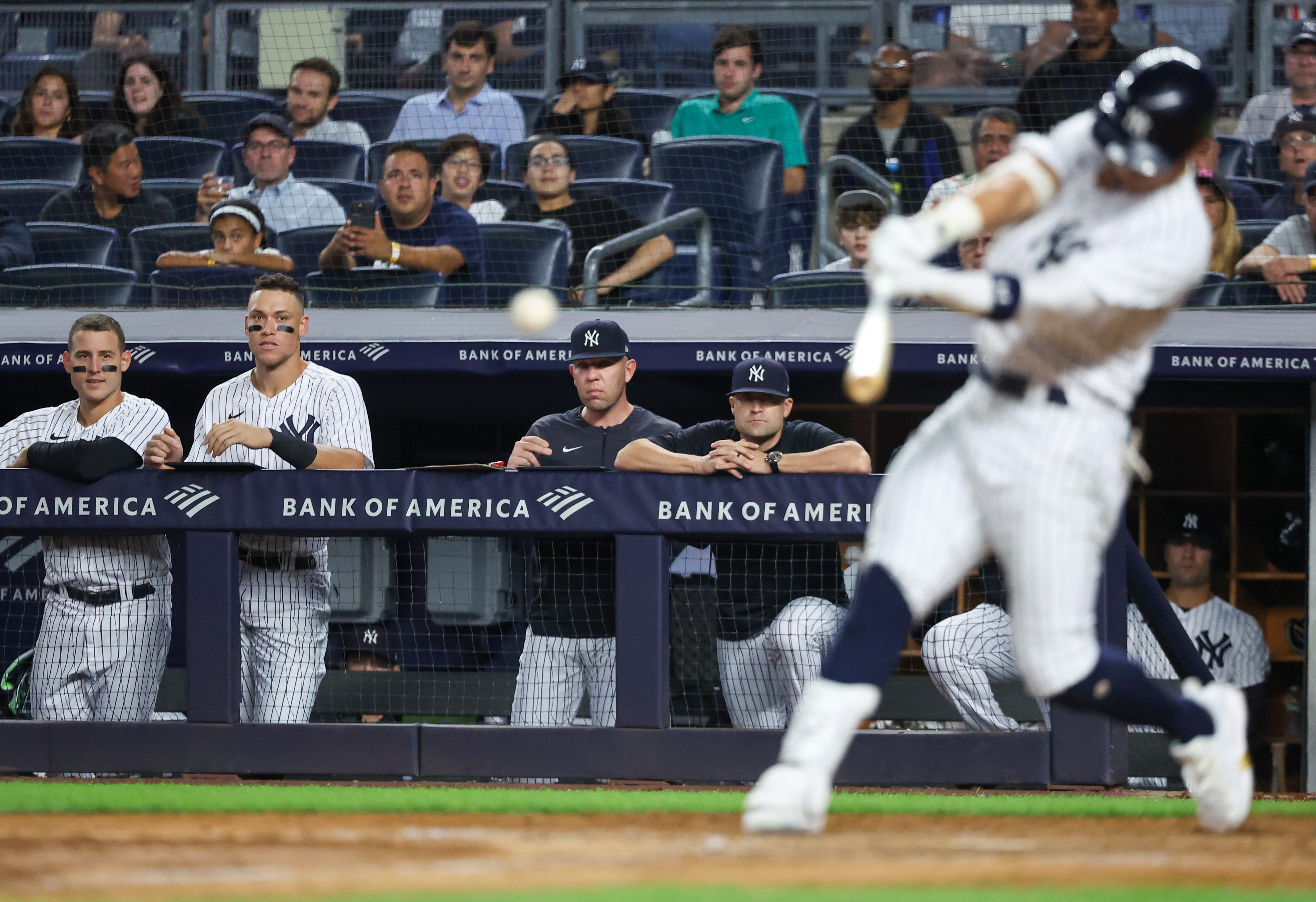 Rain. 16th May, 2018. New York Yankees right fielder Aaron Judge (99) in  the dug-out prior to the game against the Washington Nationals at Nationals  Park in Washington, DC on Monday, June