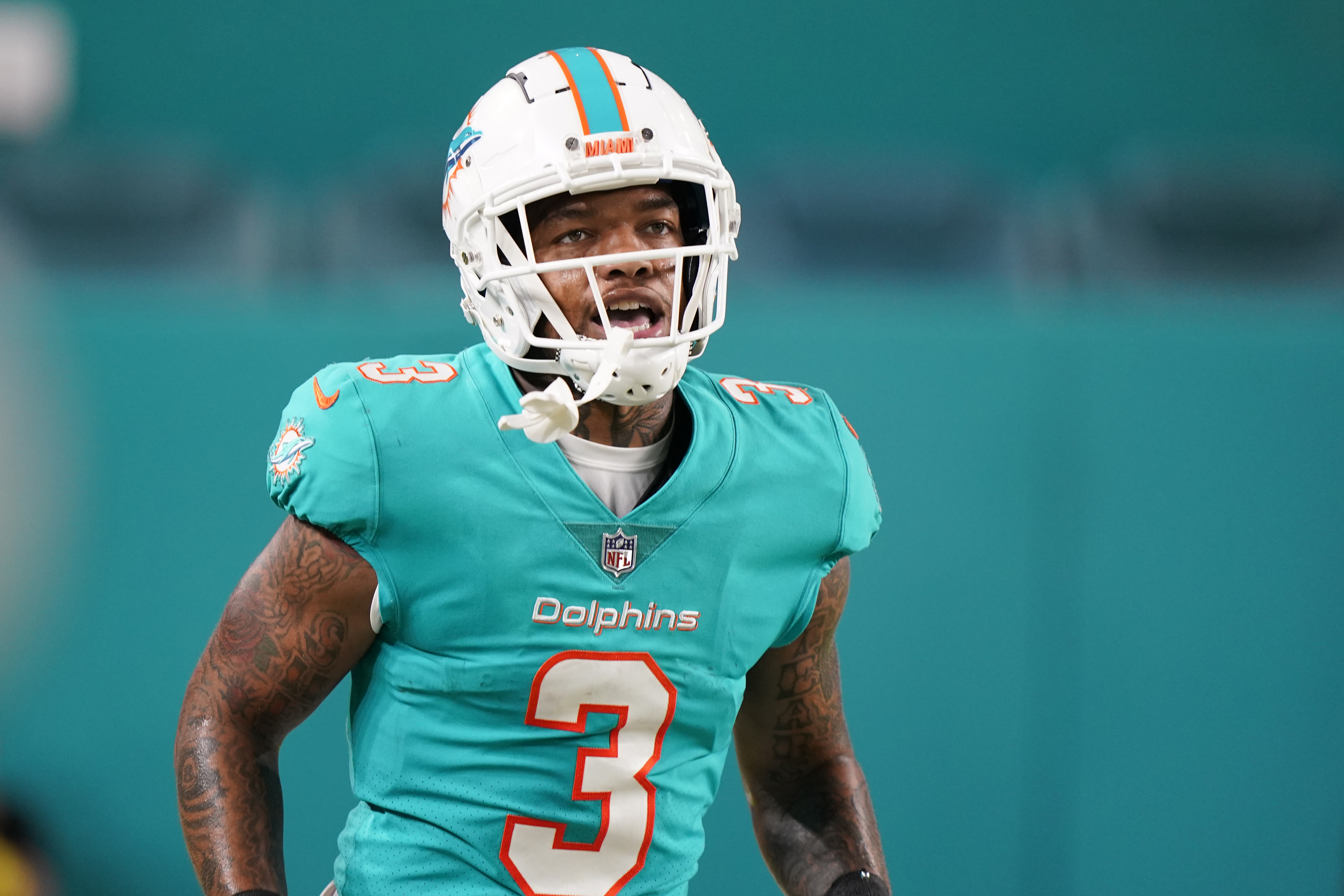 Miami Dolphins wide receiver Lynn Bowden Jr. (3) stands on the sidelines  during an NFL football