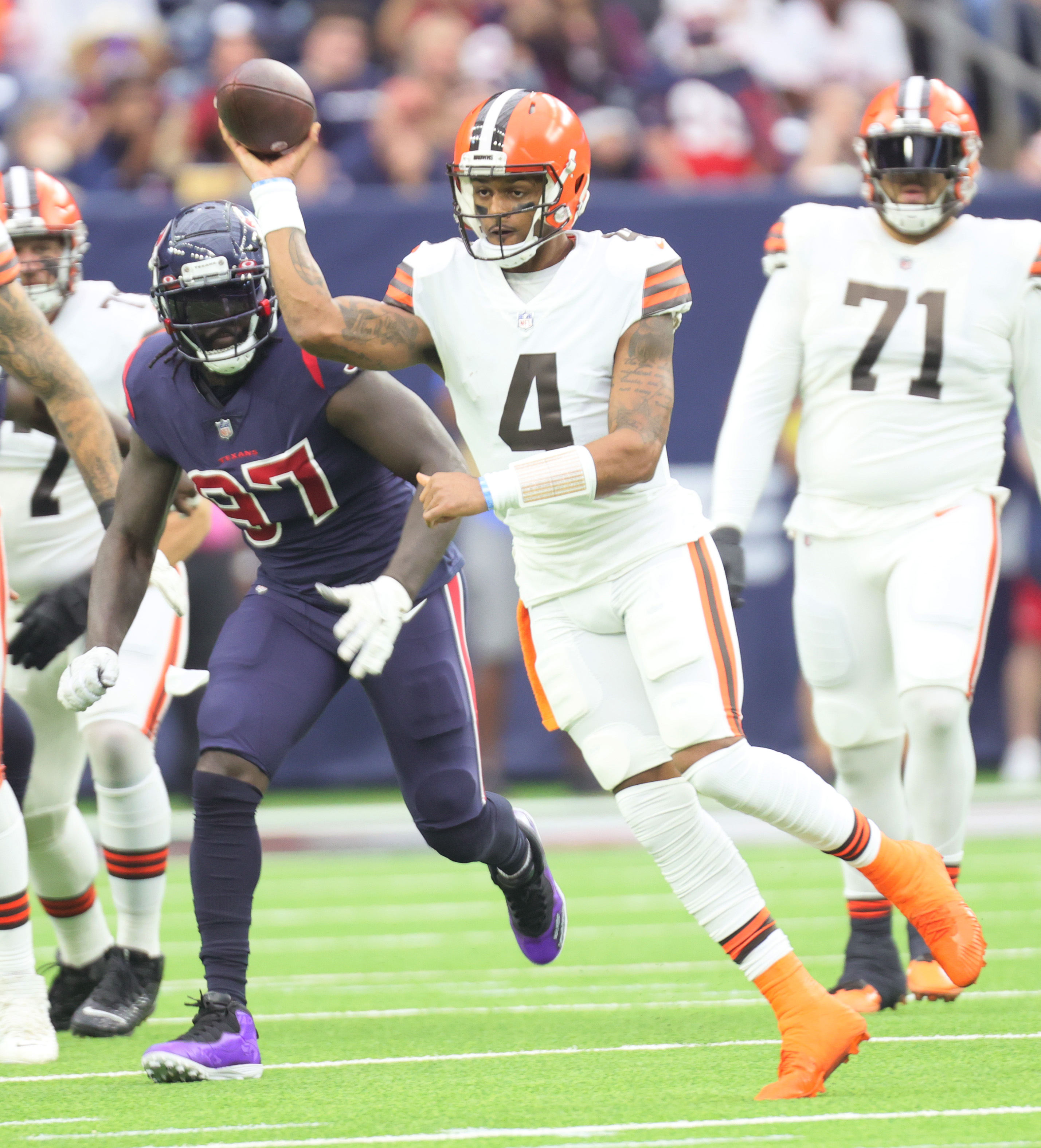 Houston Texans quarterback Kyle Allen passes during the first half of an  NFL football game between the Cleveland Browns and Houston Texans in Houston,  Sunday, Dec. 4, 2022,. (AP Photo/Eric Christian Smith