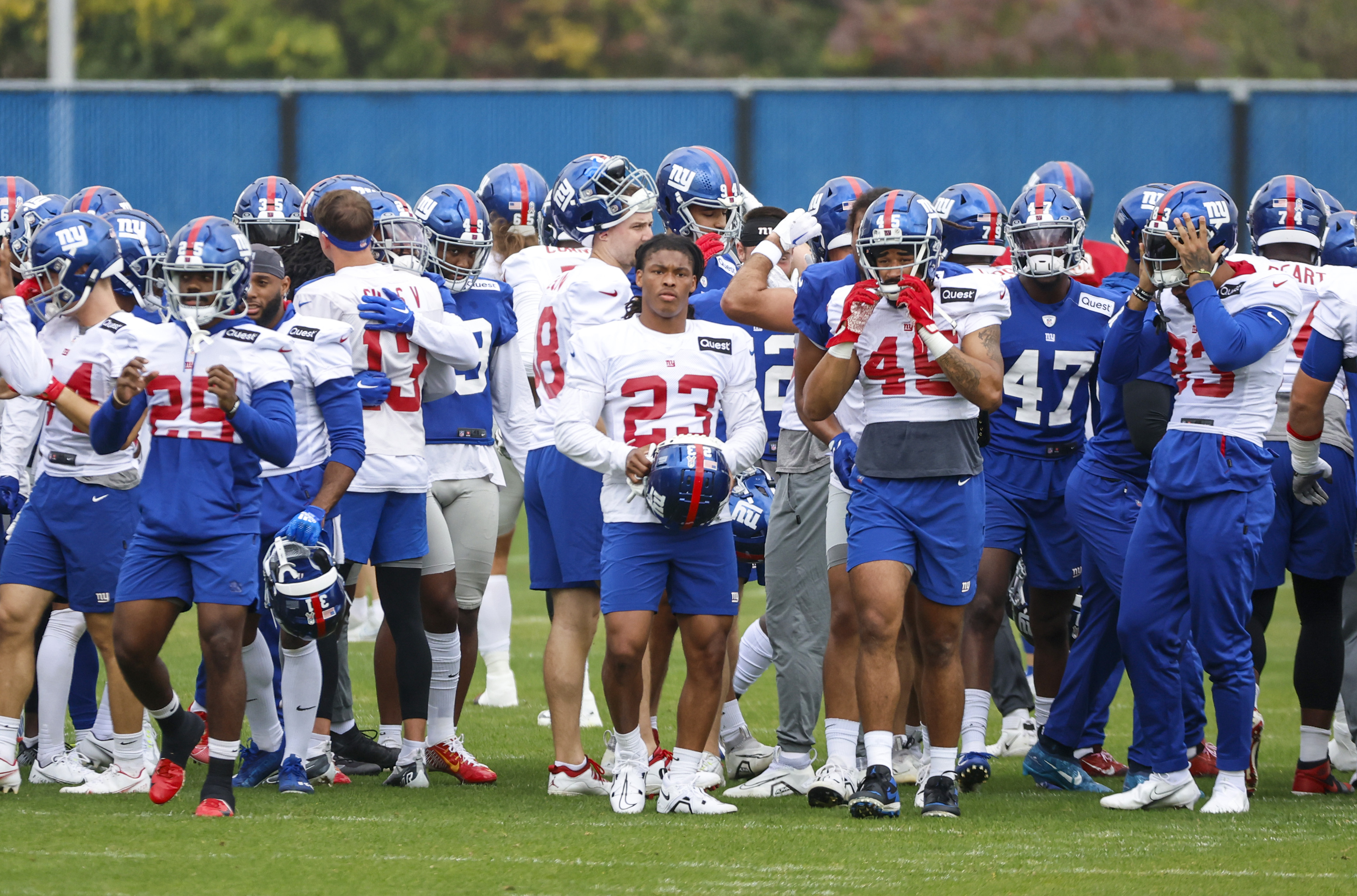 Running back Gary Brightwell (23, center) and the rest of the New York Giants start practice on Wednesday, Oct. 26, 2022. 