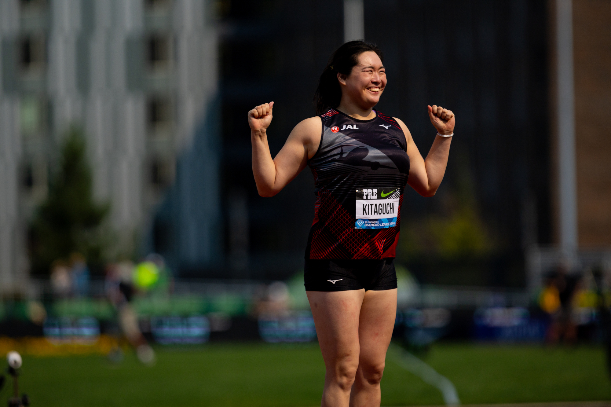Japan's Haruka Kitaguchi celebrates after winning the women's javelin during the Prefontaine Classic track and field meet on Saturday, Sept. 16, 2023, at Hayward Field in Eugene.