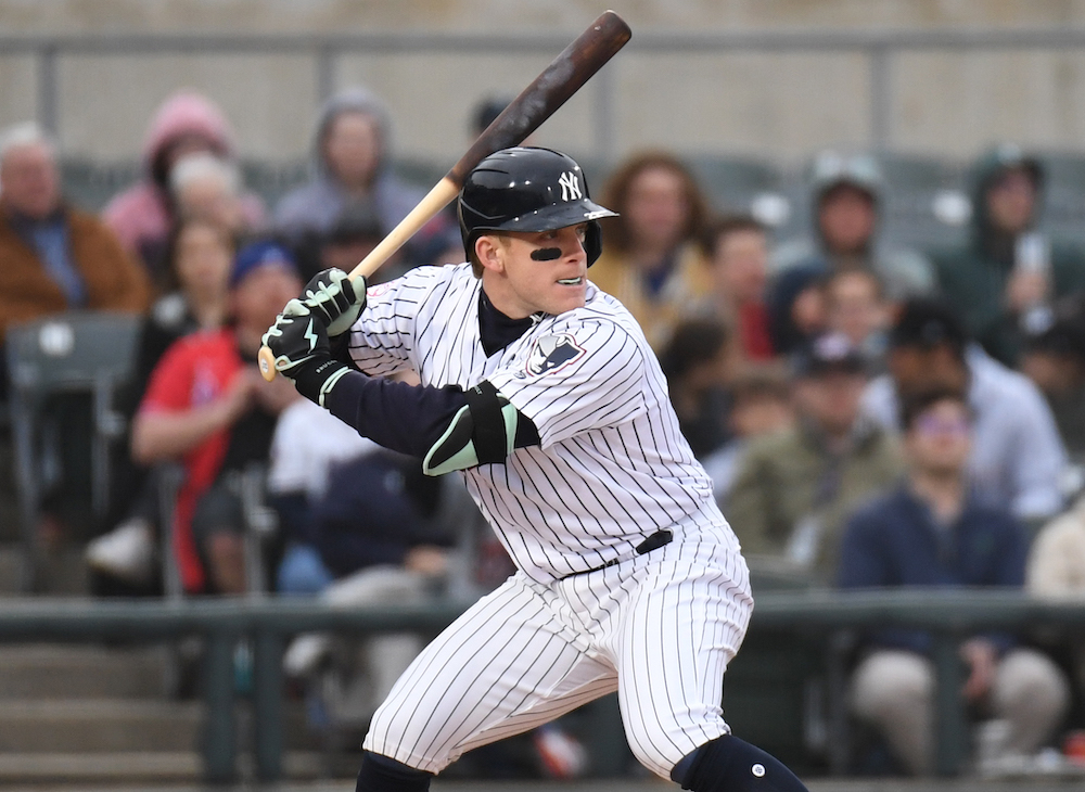 New York Yankees Harrison Bader (31), on rehab assignment with the Somerset  Patriots, runs to first base during an Eastern League game against the  Portland Sea Dogs on September 15, 2022 at