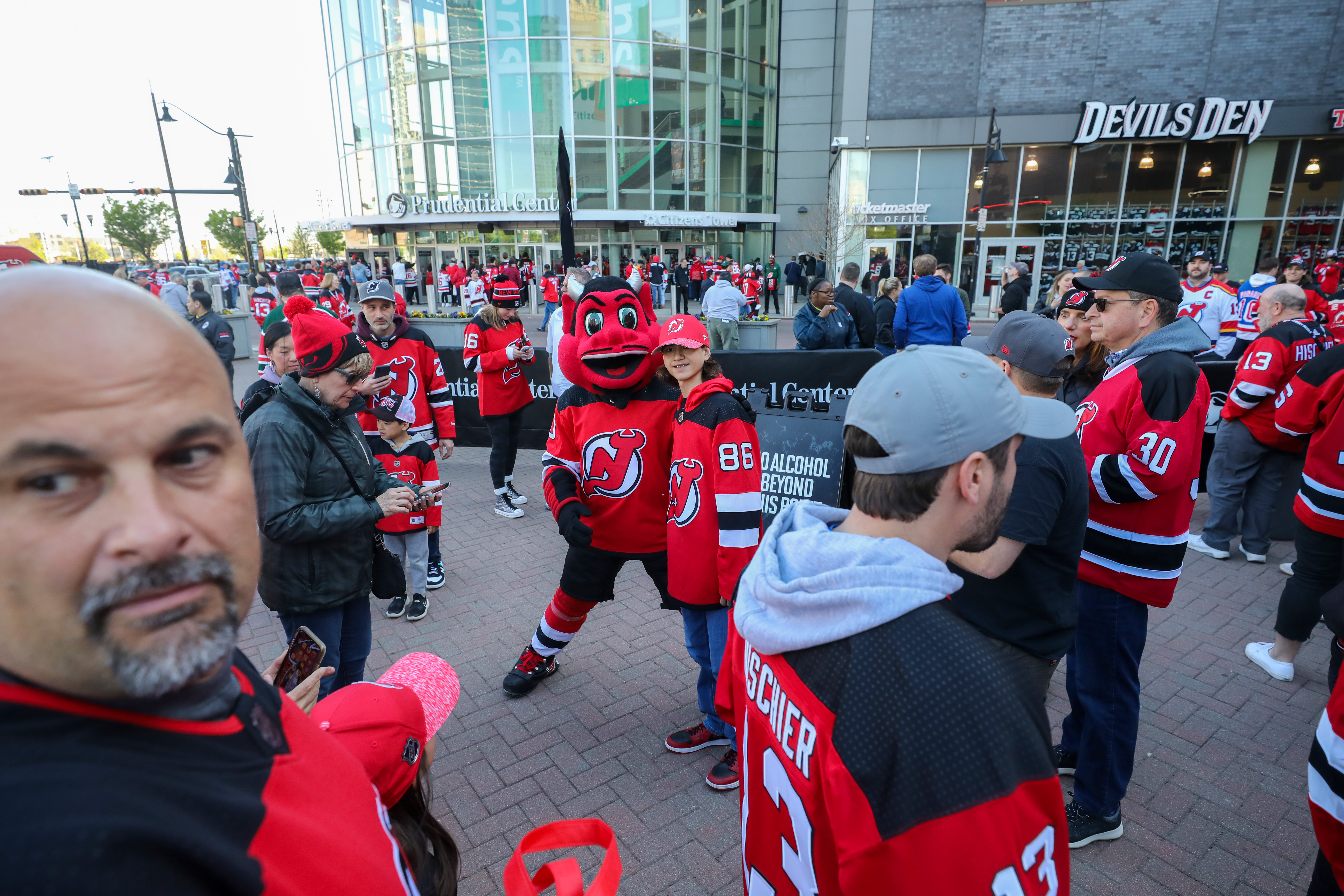 The scene outside Prudential Center before the start of the New Jersey Devils - New York Rangers Stanley Cup playoffs game on Tuesday, April 18, 2023 in Newark, N.J. 