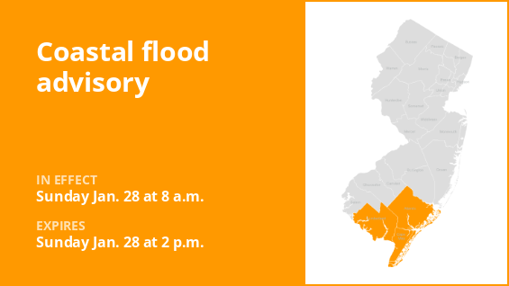 A coastal flood warning has been issued for three New Jersey counties through Sunday afternoon