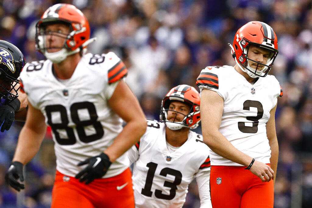 Cleveland Browns kicker Cade York's blocked field goal attempt for a