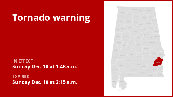 A tornado warning is in place for Barbour County until 2:15 a.m. Sunday