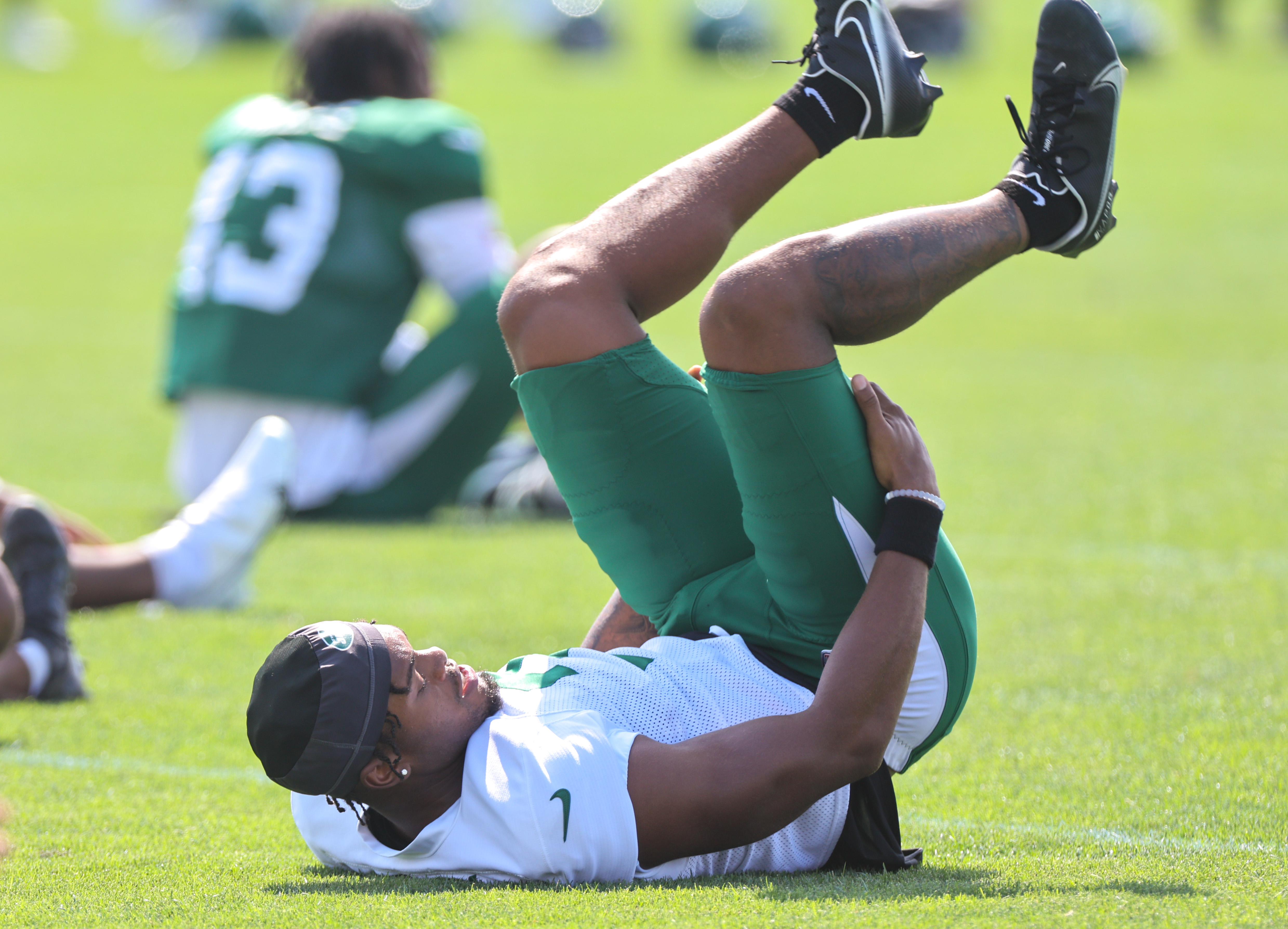 Florham Park, New Jersey, USA. August 5, 2021: New York Jets offensive  tackle Mekhi Becton (77) during practice at the Atlantic Health Jets  Training Center, Florham Park, New Jersey. Duncan Williams/CSM Credit: