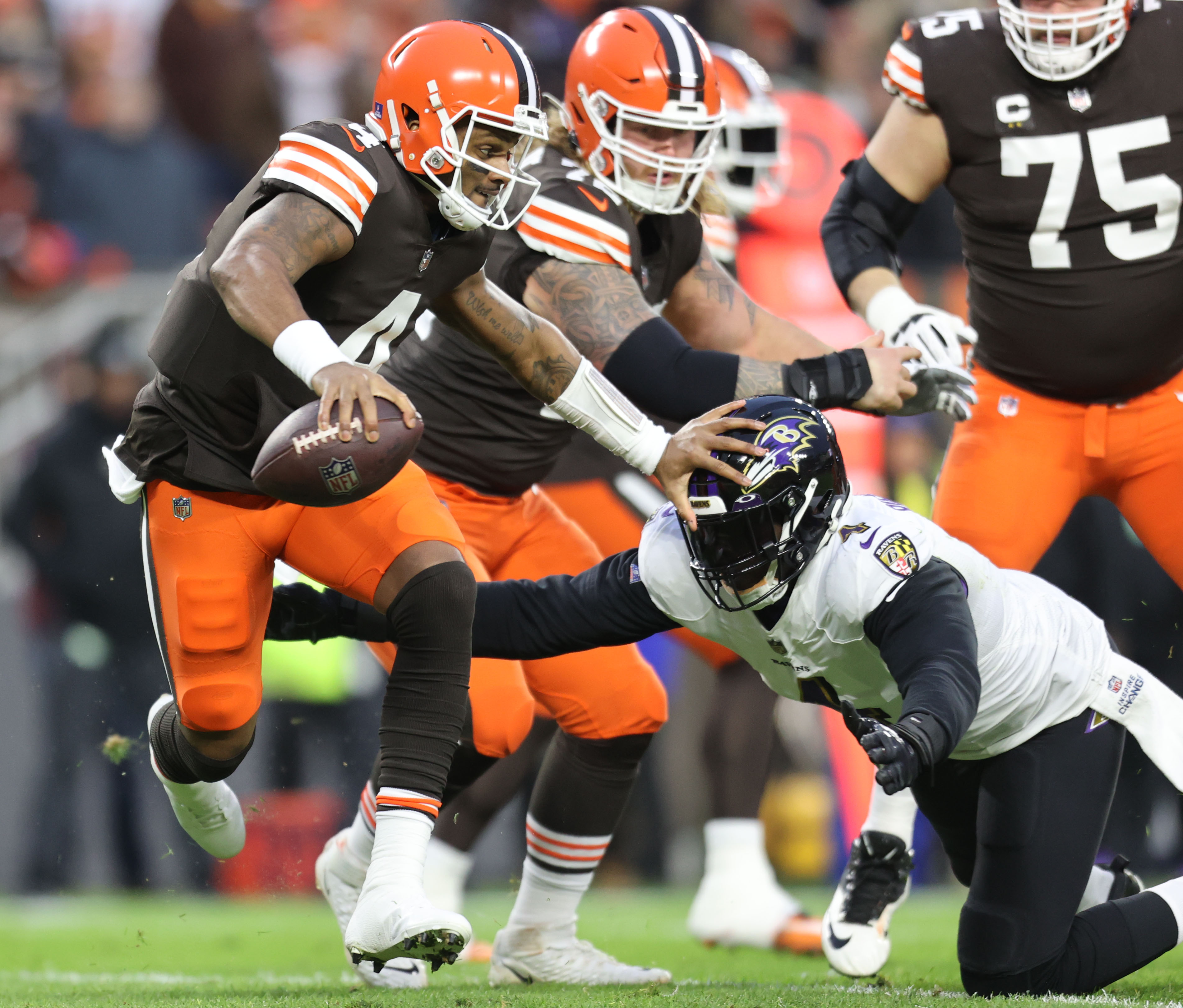 CLEVELAND, OH - DECEMBER 17: Cleveland Browns safety Grant Delpit (22)  leaves the field following the National Football League game between the  Baltimore Ravens and Cleveland Browns on December 17, 2022, at