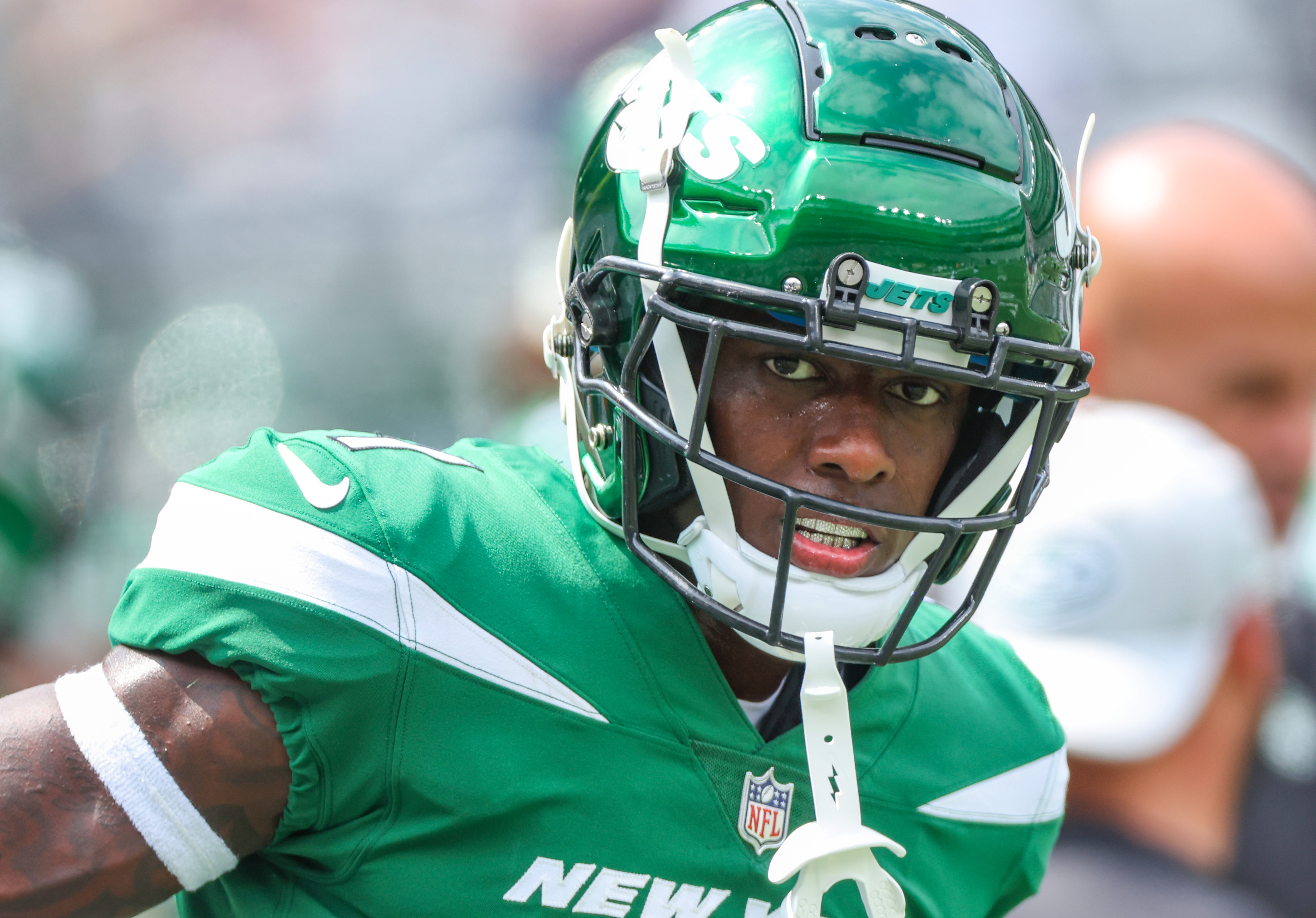 New York Jets cornerback Sauce Gardner (1) runs on a play in the first half  of a preseason NFL football game against the New York Giants, Sunday, Aug.  28, 2022, in East