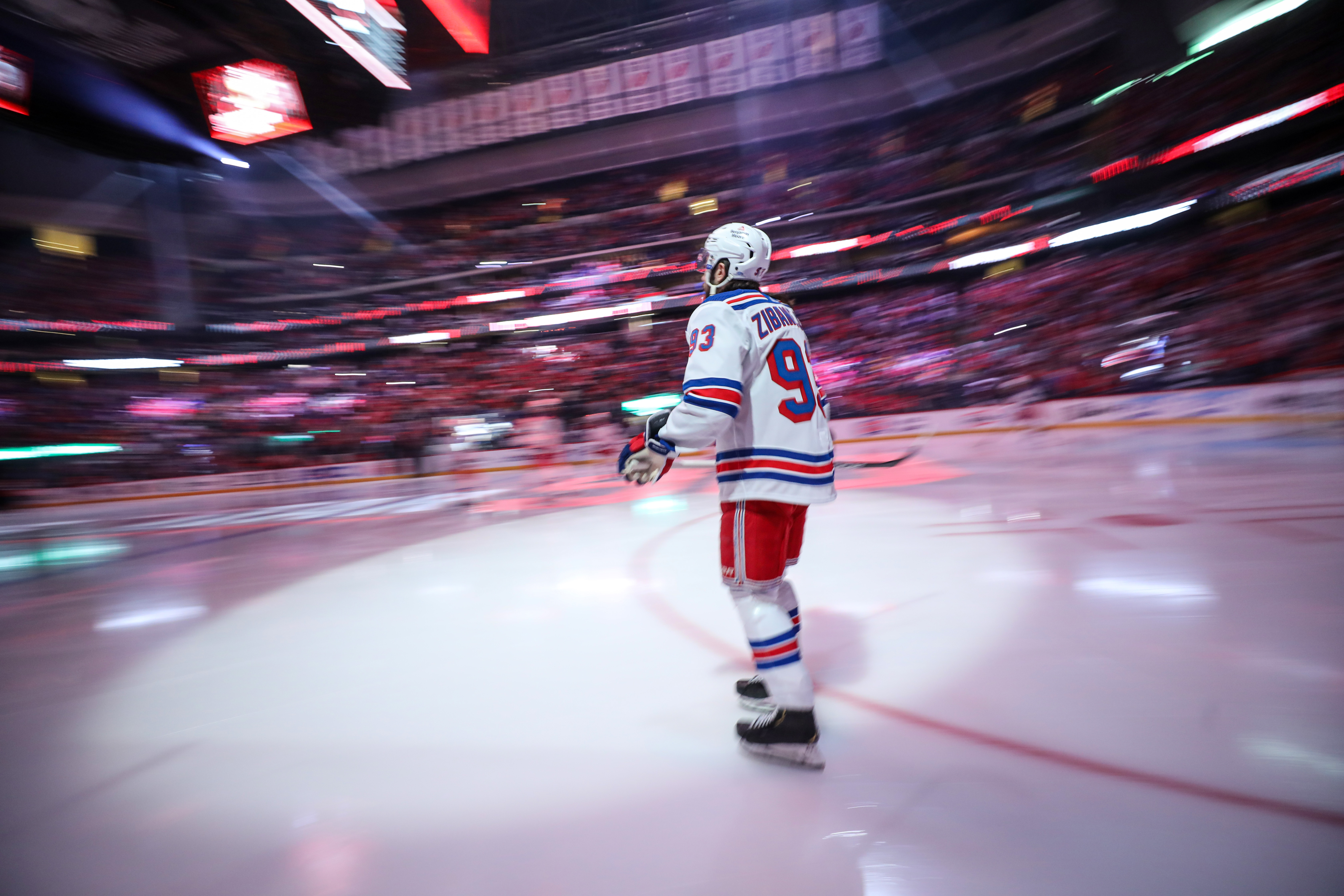 New York Rangers center Mika Zibanejad (93) skates onto the ice to face the New Jersey Devils in the opening round of the NHL Stanley Cup playoffs on Tuesday, April 18, 2023 in Newark, N.J. The Rangers won, 5-1.