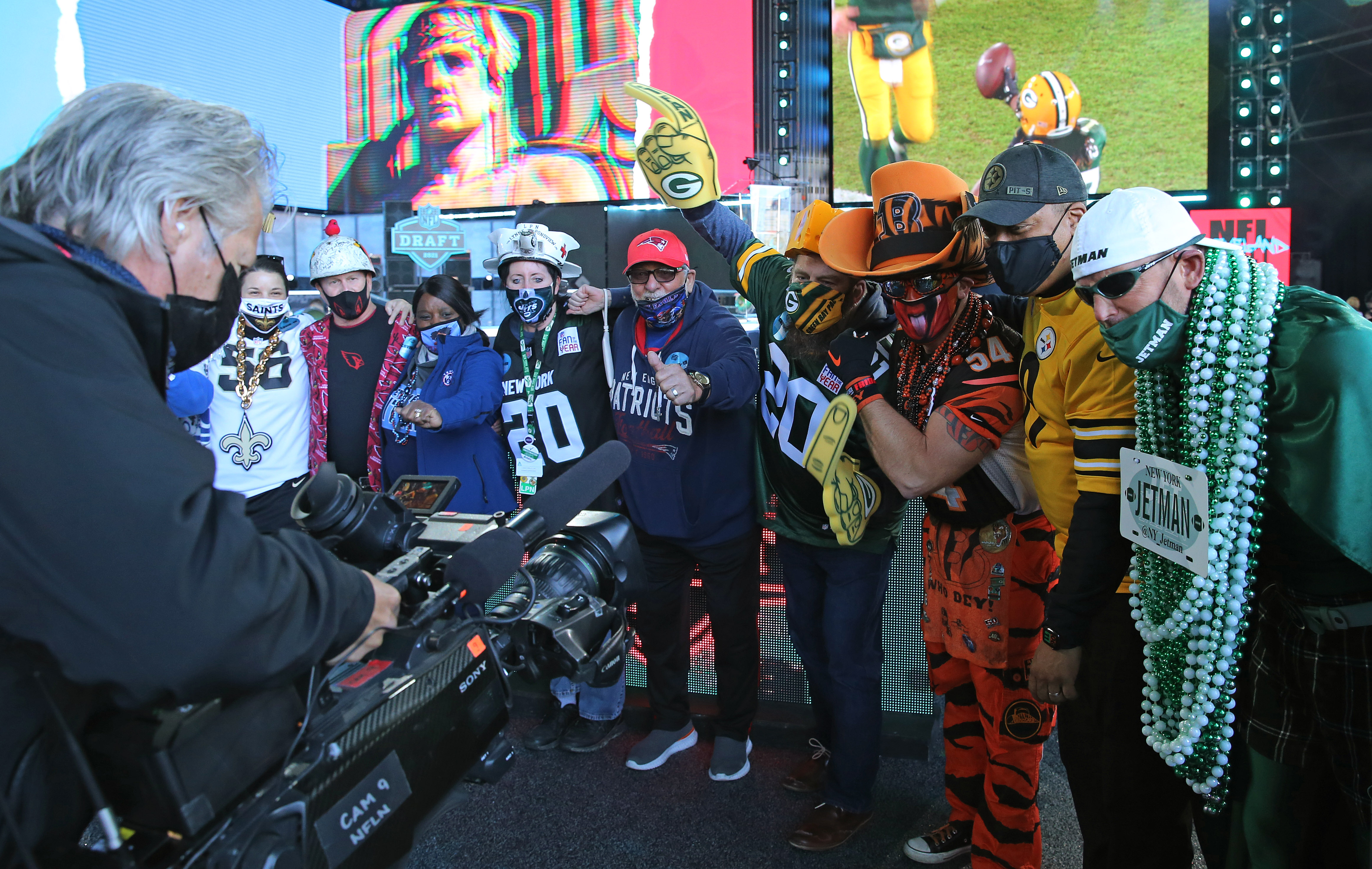 NFL jerseys and team costumes seen in downtown Cleveland during