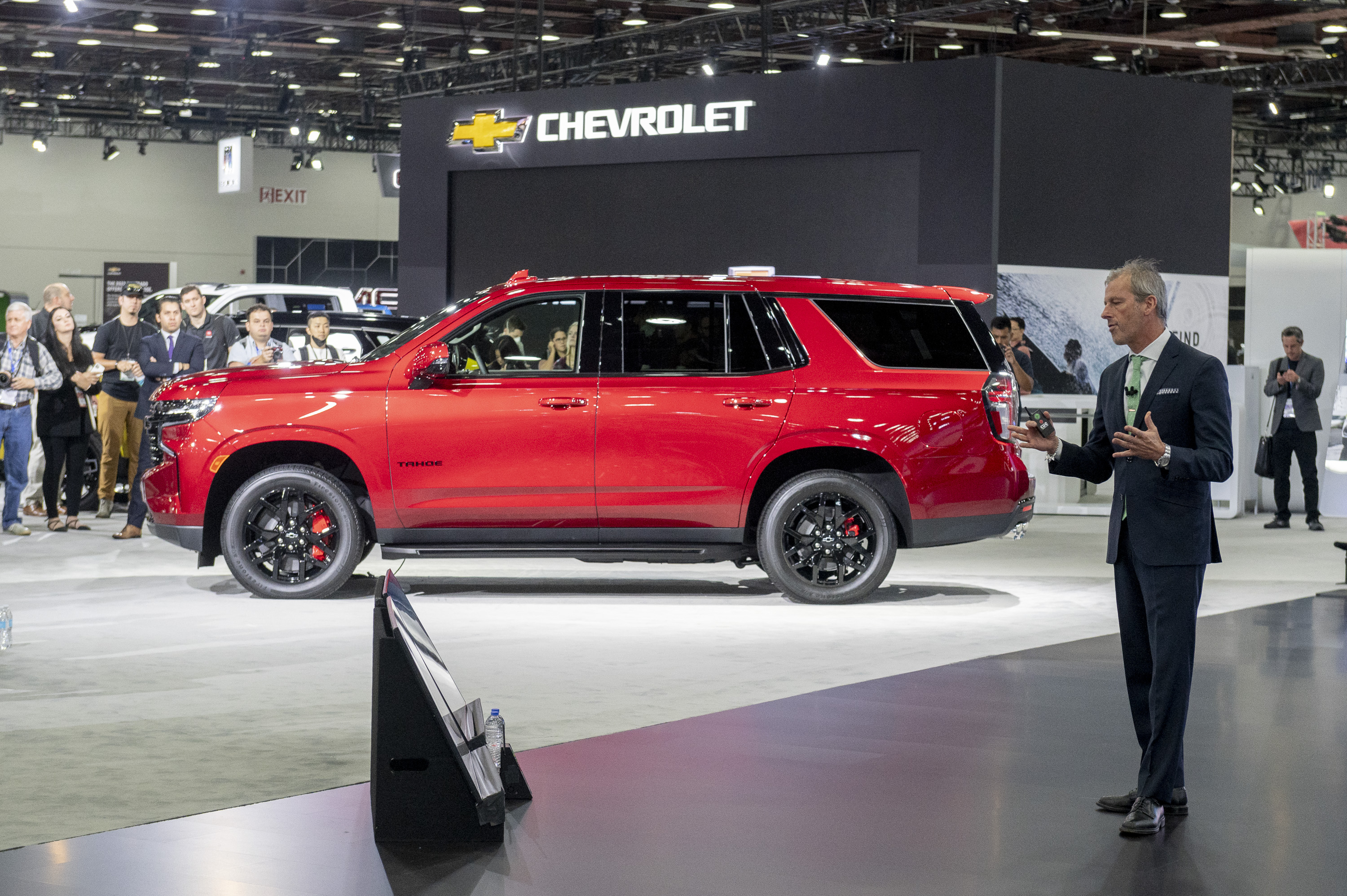 Scott Bell, vice president of Chevrolet, speaks as the Tahoe RST Performance Edition is unveiled as the 2022 North American International Auto Show begins with media preview day at Huntington Place in Detroit on Wednesday, Sept. 14 2022.