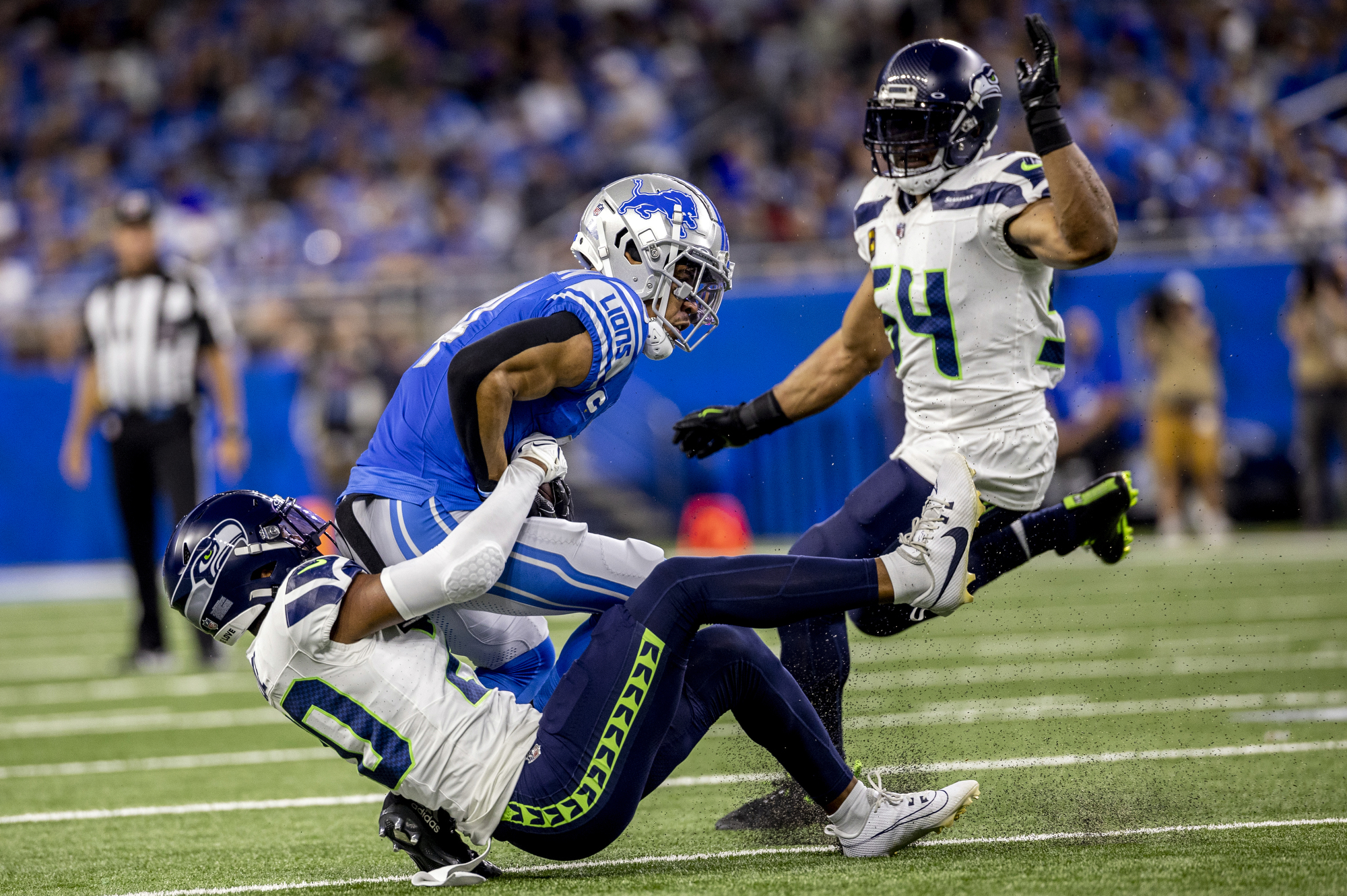 Detroit Lions linebacker Malcolm Rodriguez (44) pursues a play on defense  against the Miami Dolphins during an NFL football game, Sunday, Oct. 30,  2022, in Detroit. (AP Photo/Rick Osentoski Stock Photo - Alamy