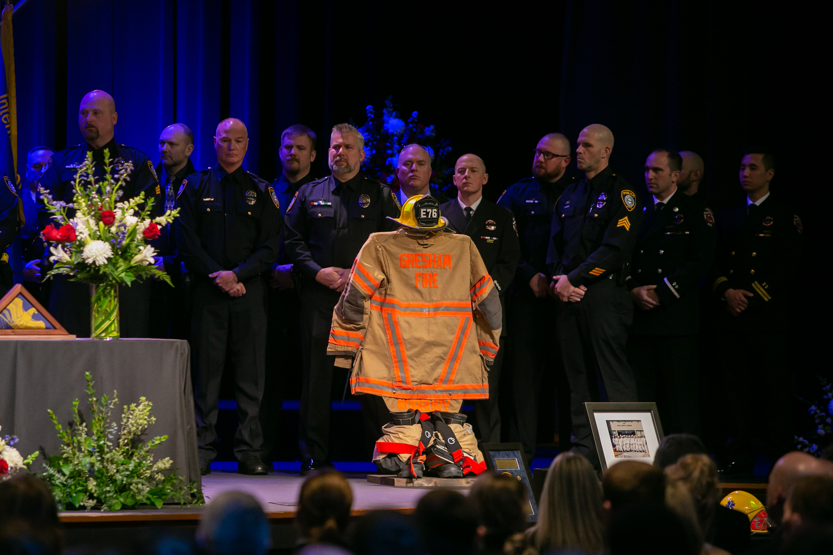 A memorial service honoring Gresham Firefighter Brandon Norbury in downtown Gresham, Oregon on Wednesday, Feb. 15 2023.