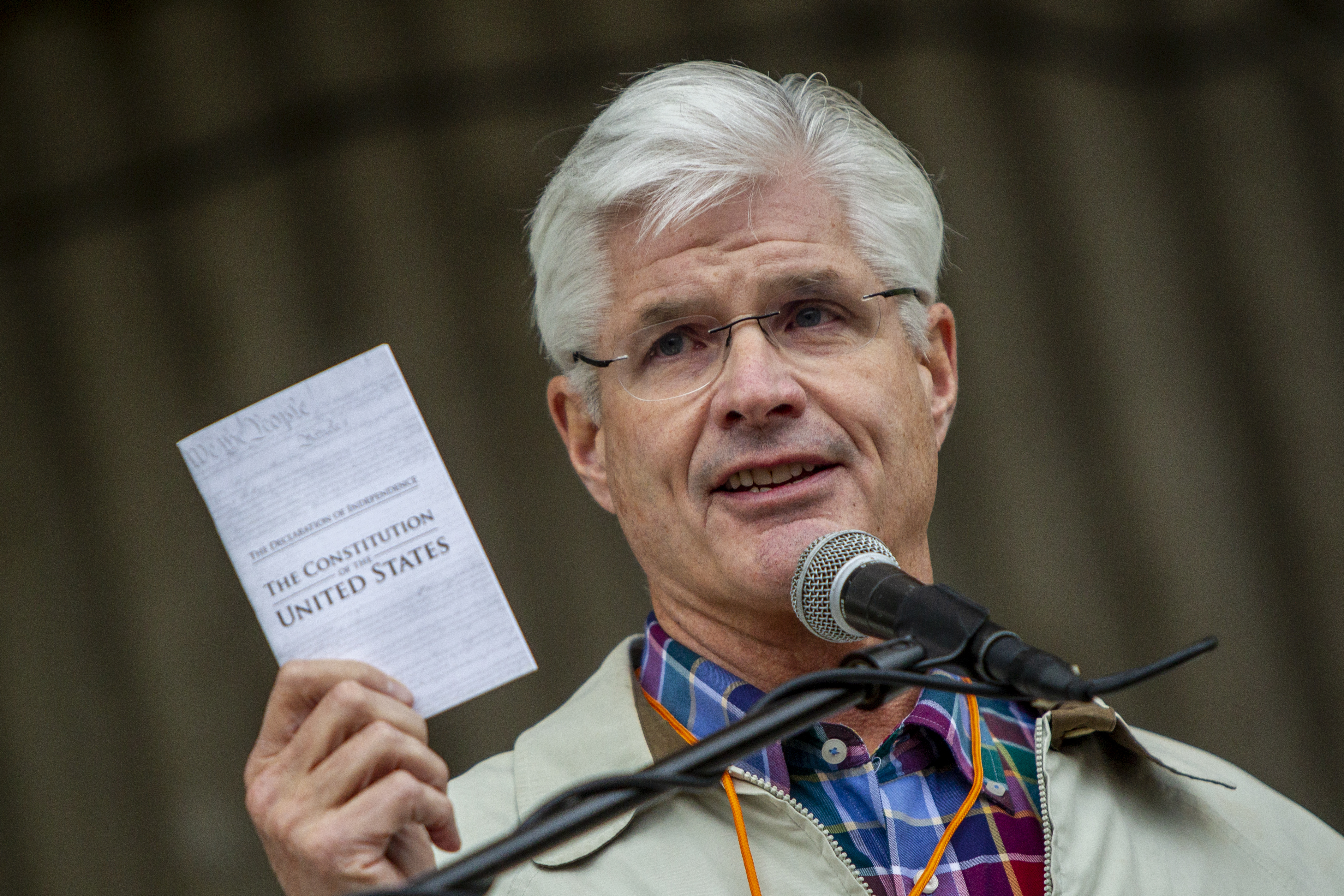 Senate Majority Leader Mike Shirkey, R-Clark Lake, speaks during the "American Patriot Rally-Sheriffs speak out" event at Rosa Parks Circle in downtown Grand Rapids on Monday, May 18, 2020. The crowd is protesting against Gov. Gretchen Whitmer's stay-at-home order. (Cory Morse | MLive.com)