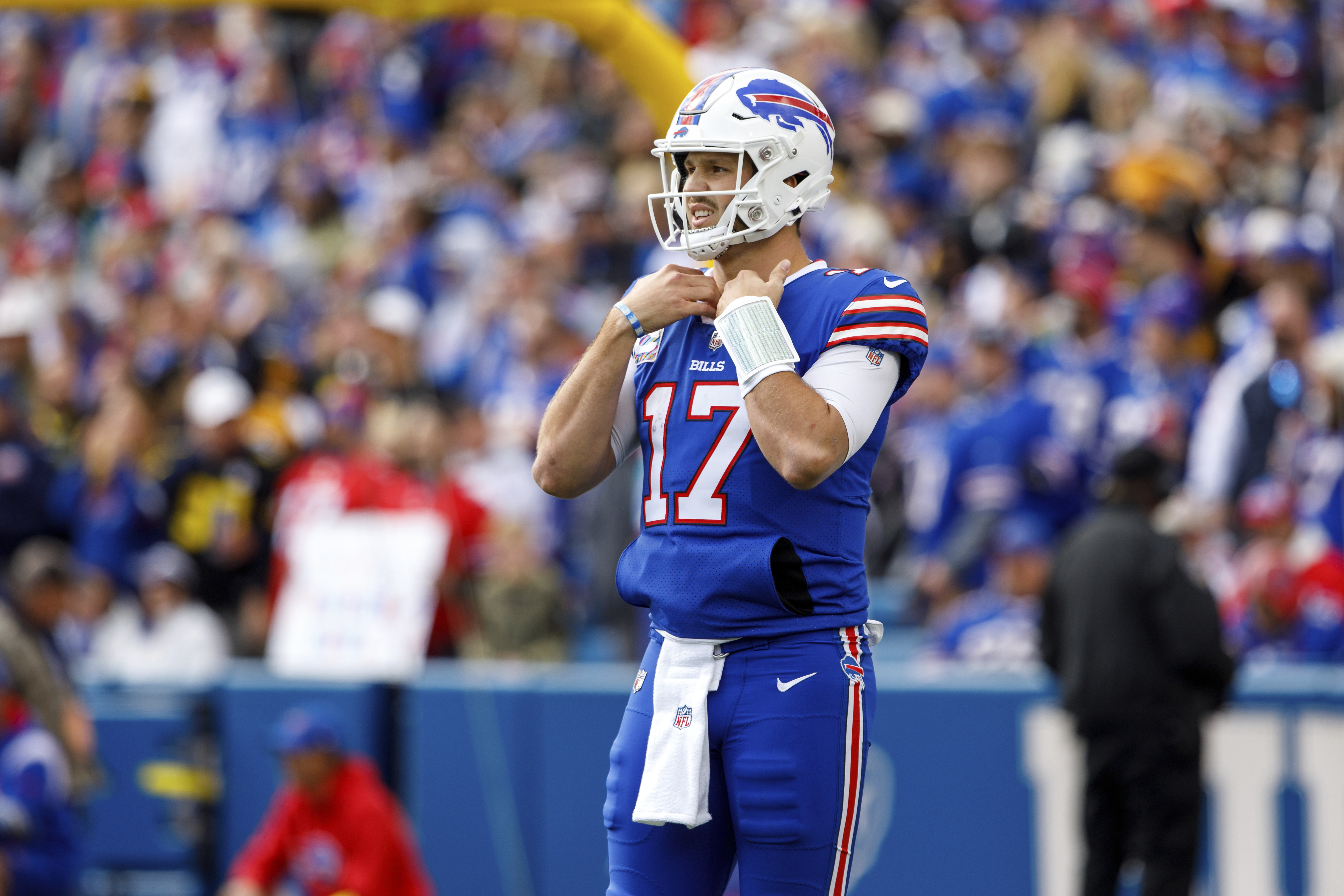 Gabe Davis celebrates a TD with Bills G Rodger Saffold - 2022