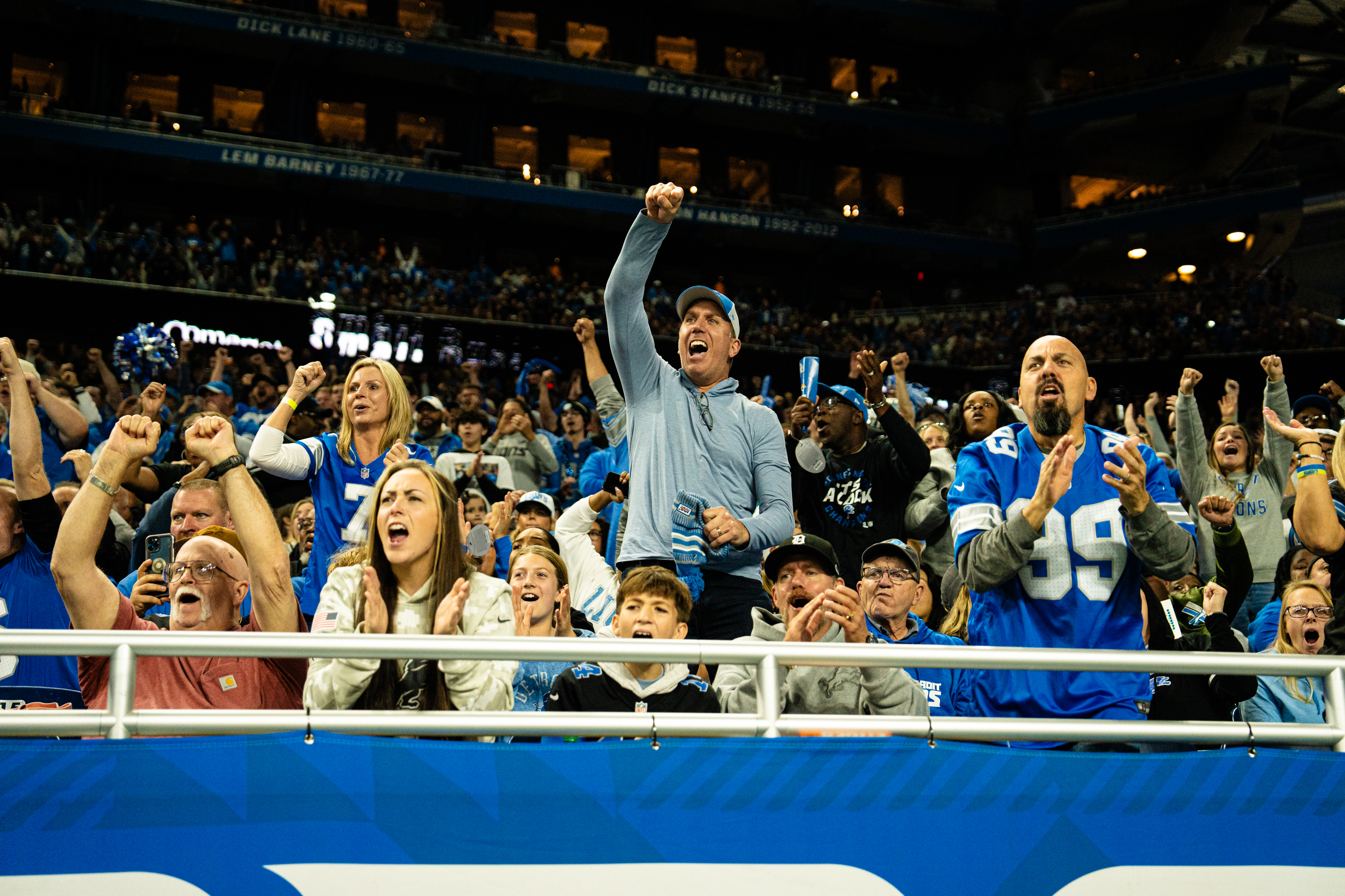 Detroit Lions fans celebrate a third down stop, forcing the Jacksonville Jaguars to punt during Detroit Lions vs Jacksonville Jaguars at Ford Field in Detroit on Sunday, Nov. 17, 2024.