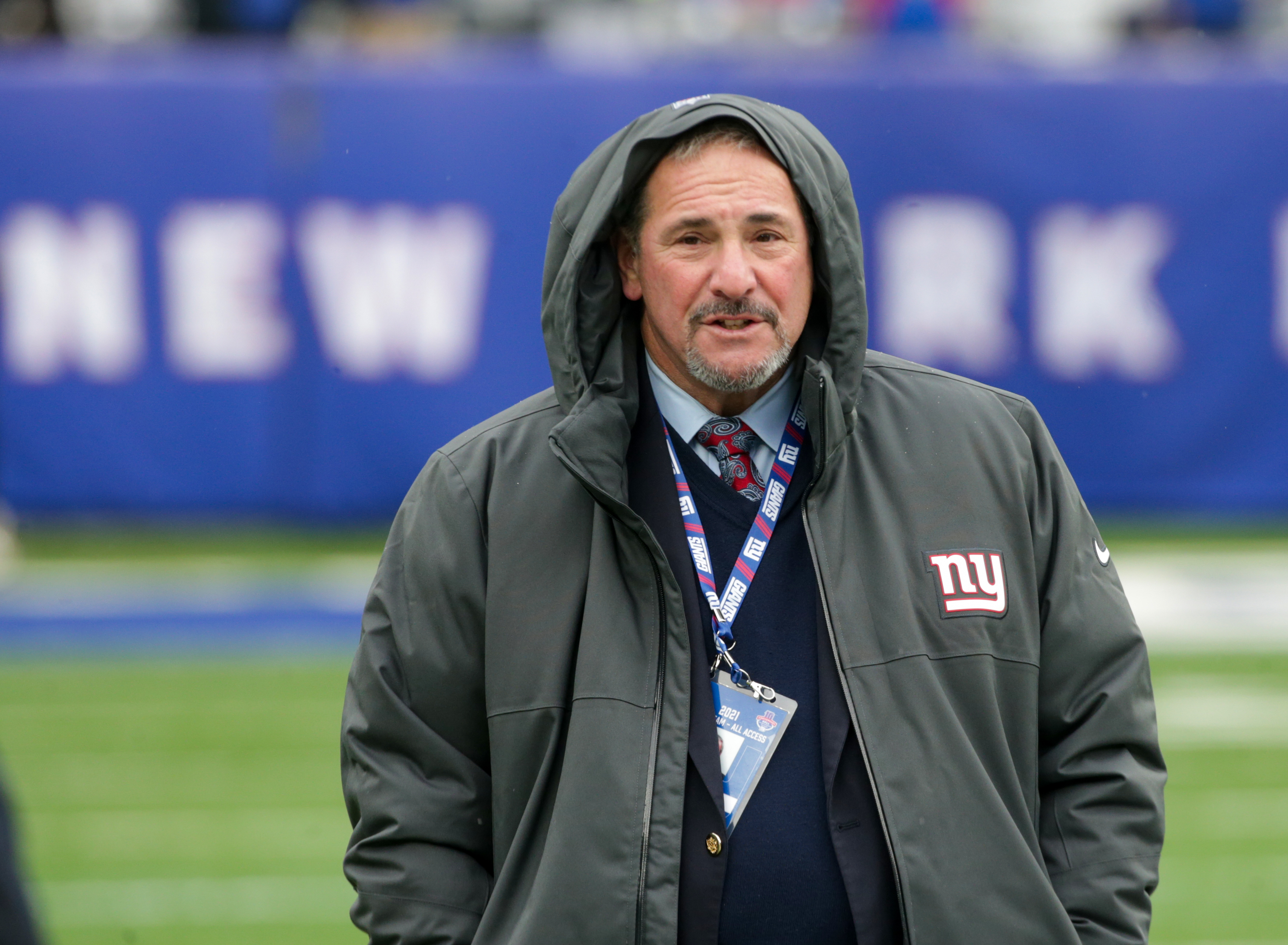 New York Giants Dave Gettleman during pregame warmups as the Giants prepare to host the Washington Football Team on Sunday, Jan. 9, 2022 in East Rutherford, N.J.