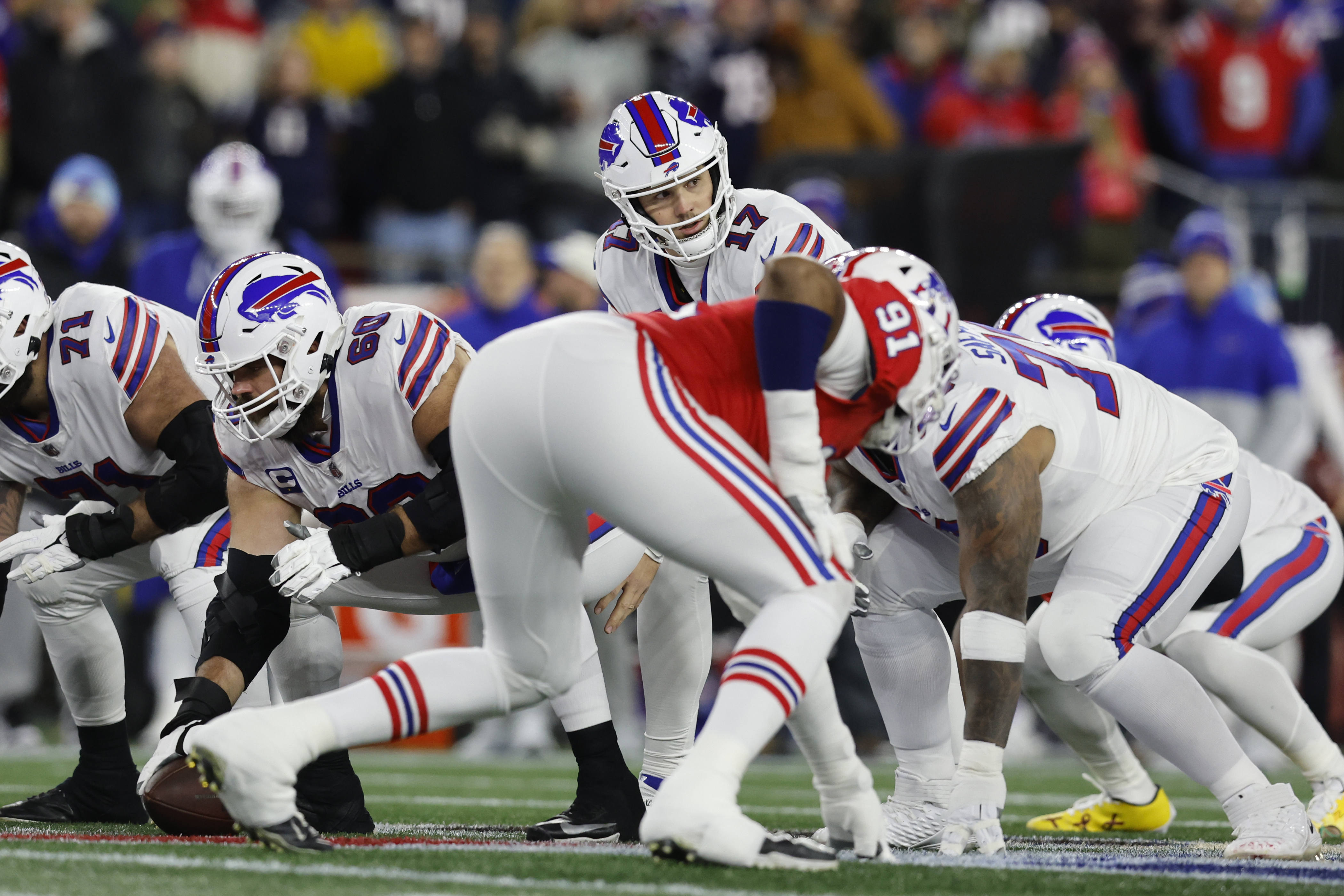 Buffalo Bills tight end Tommy Sweeney (89) at the line of scrimmage during  the first half an NFL football game against the New England Patriots,  Thursday, Dec. 1, 2022, in Foxborough, Mass. (