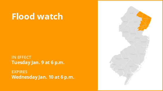 Flood watch in 5 New Jersey counties on Tuesday and Wednesday