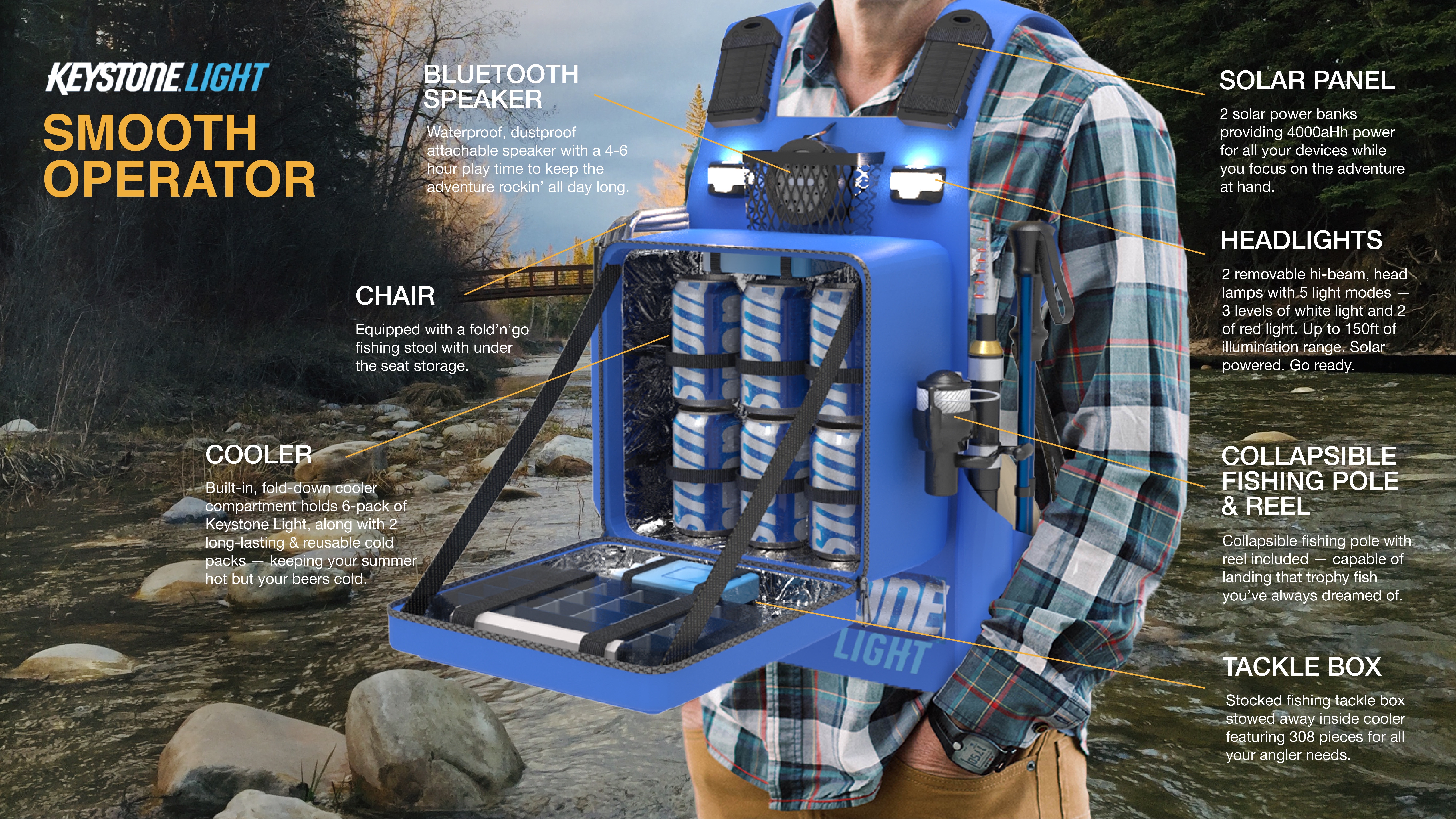 Keystone Light vest keeps your beer cold and includes a chair, speaker, rod  and tackle box 