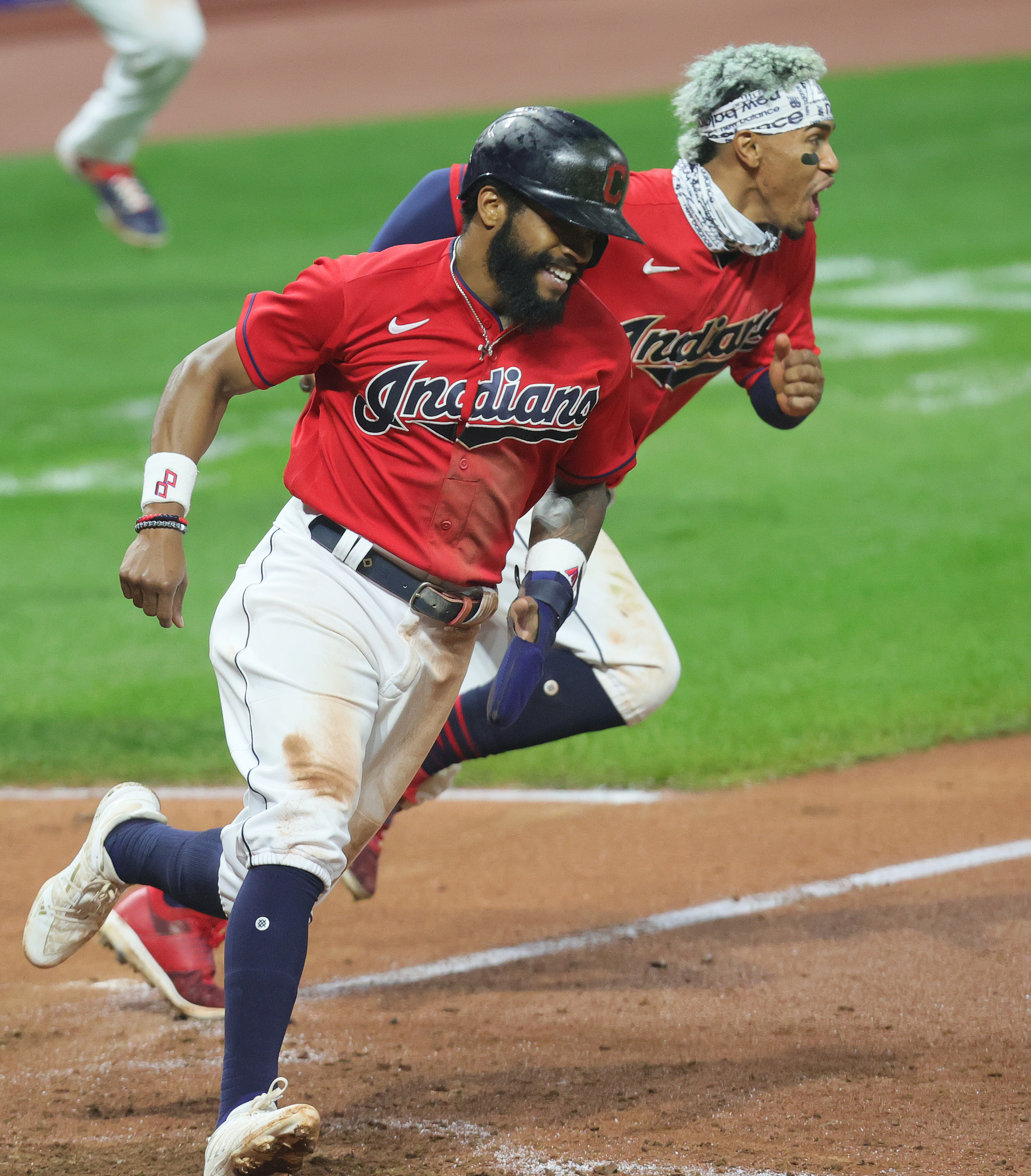 Cleveland Indians Francisco Lindor celebrates with Erik Gonzalez