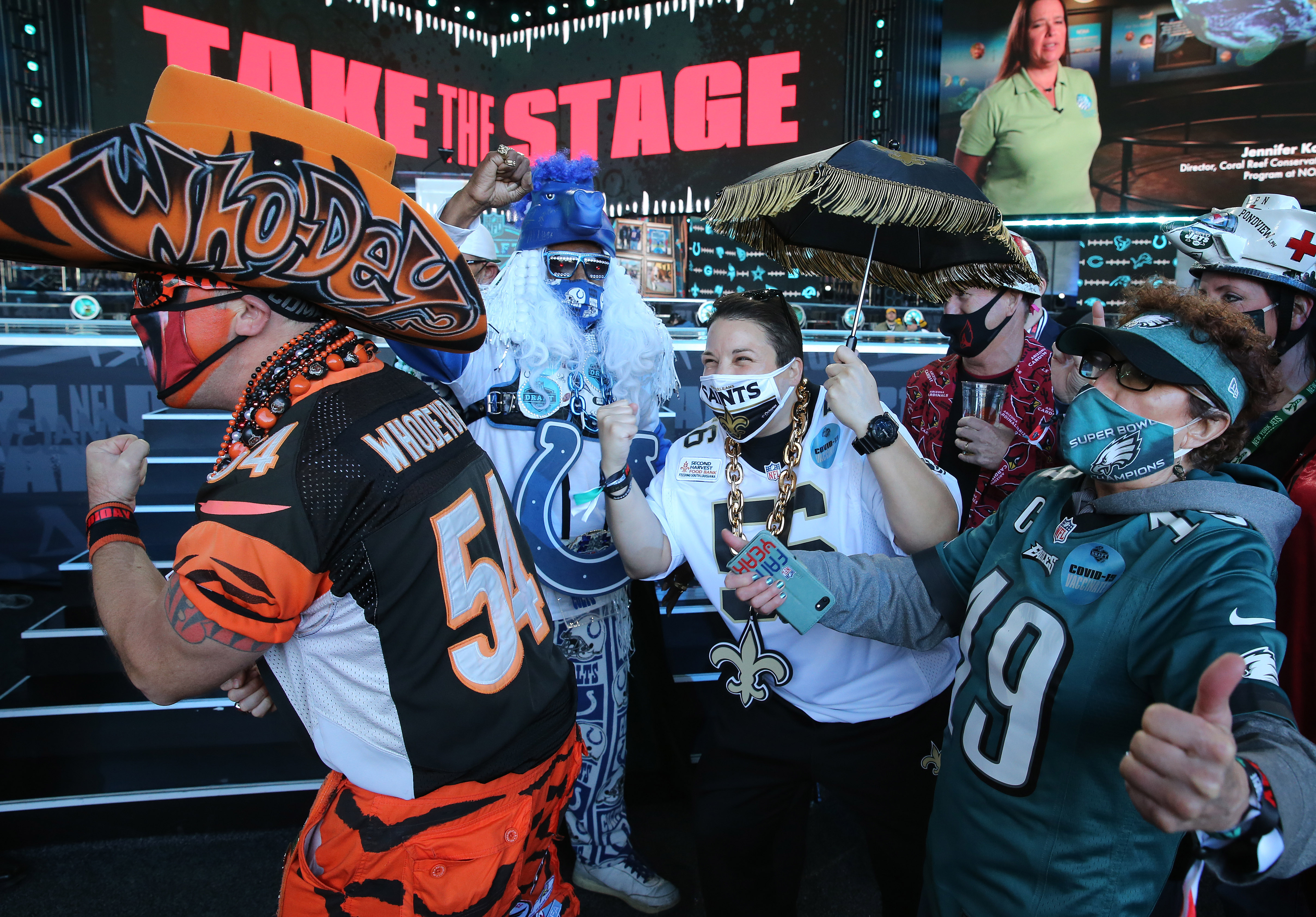 NFL jerseys and team costumes seen in downtown Cleveland during