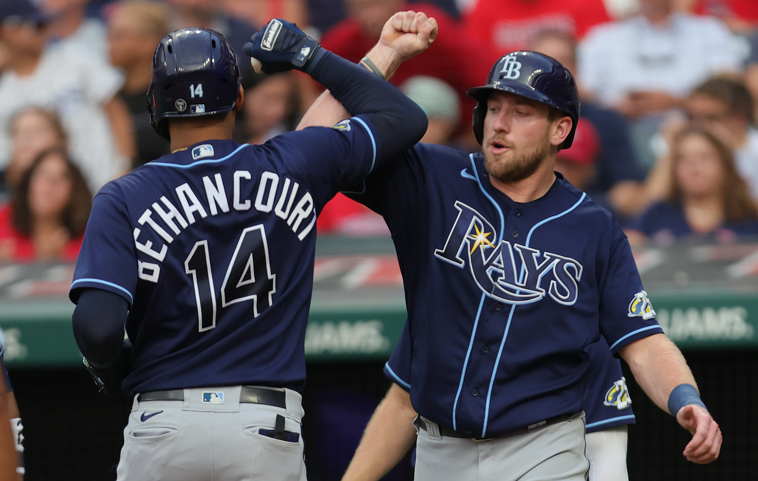 Tampa Bay Rays first baseman Luke Raley congratulates catcher Christian Bethancourt on his three-run homer in the fifth inning off Cleveland Guardians starting pitcher Logan Allen, September 2, 2023, at Progressive Field.