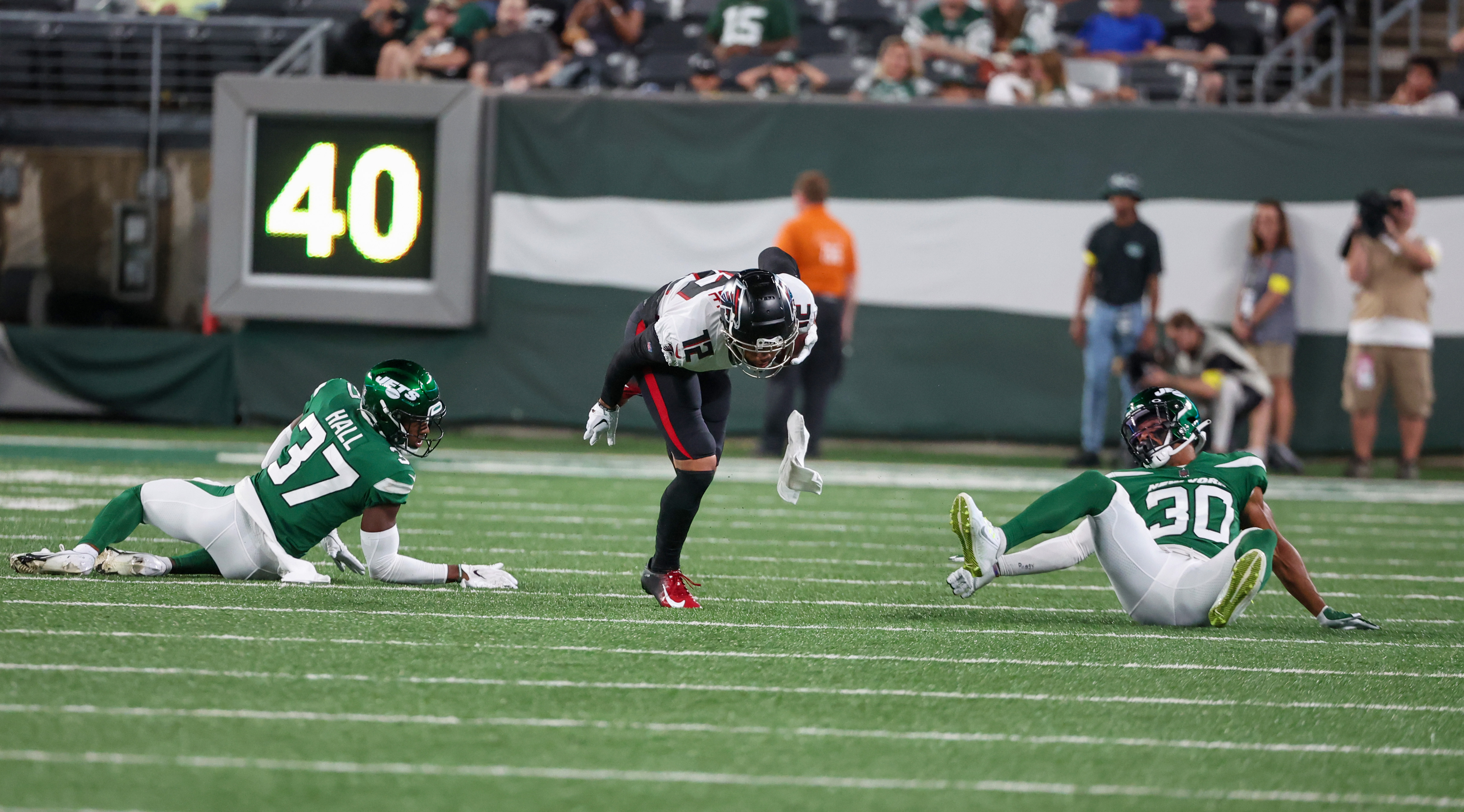 Atlanta Falcons wide receiver KhaDarel Hodge (12) walks off the field after  an NFL football game