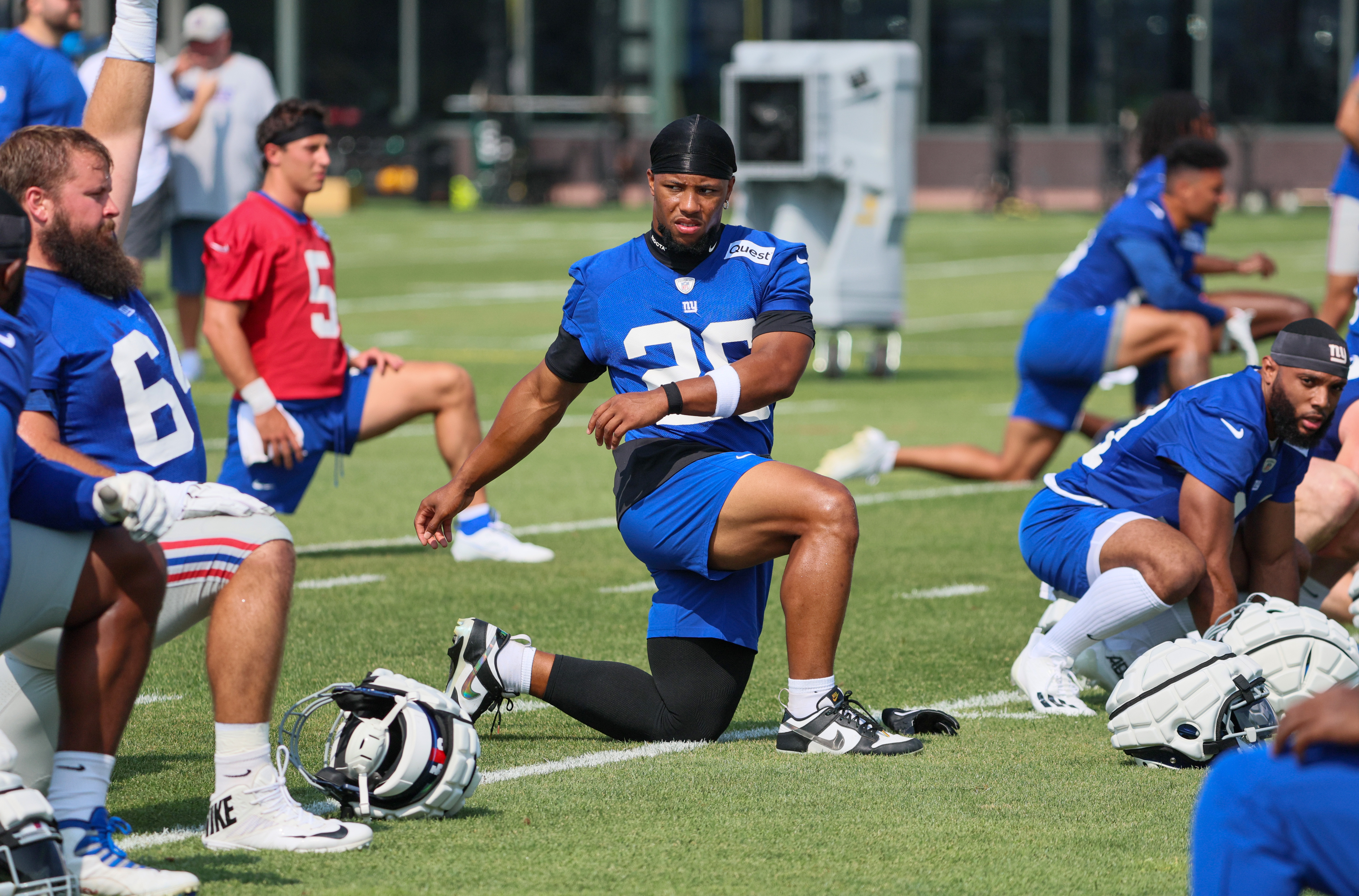 East Rutherford, New Jersey, USA. 30th July, 2019. New York Giants running  back Saquon Barkley (26) goes for a long run during training camp at the Quest  Diagnostics Training Center in East