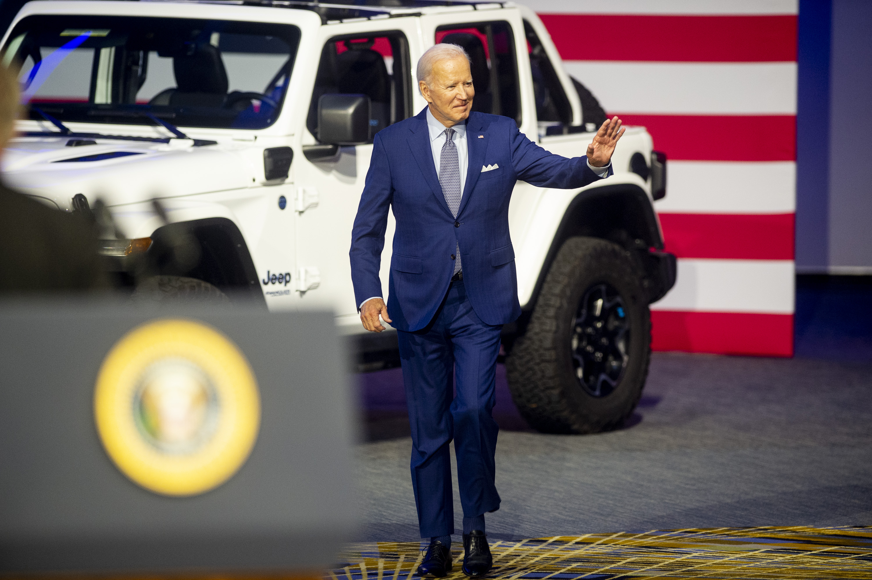 U.S. President Joe Biden greets supporters during the 2022 North American International Auto Show at Huntington Place in Detroit on Wednesday, Sept. 14 2022.