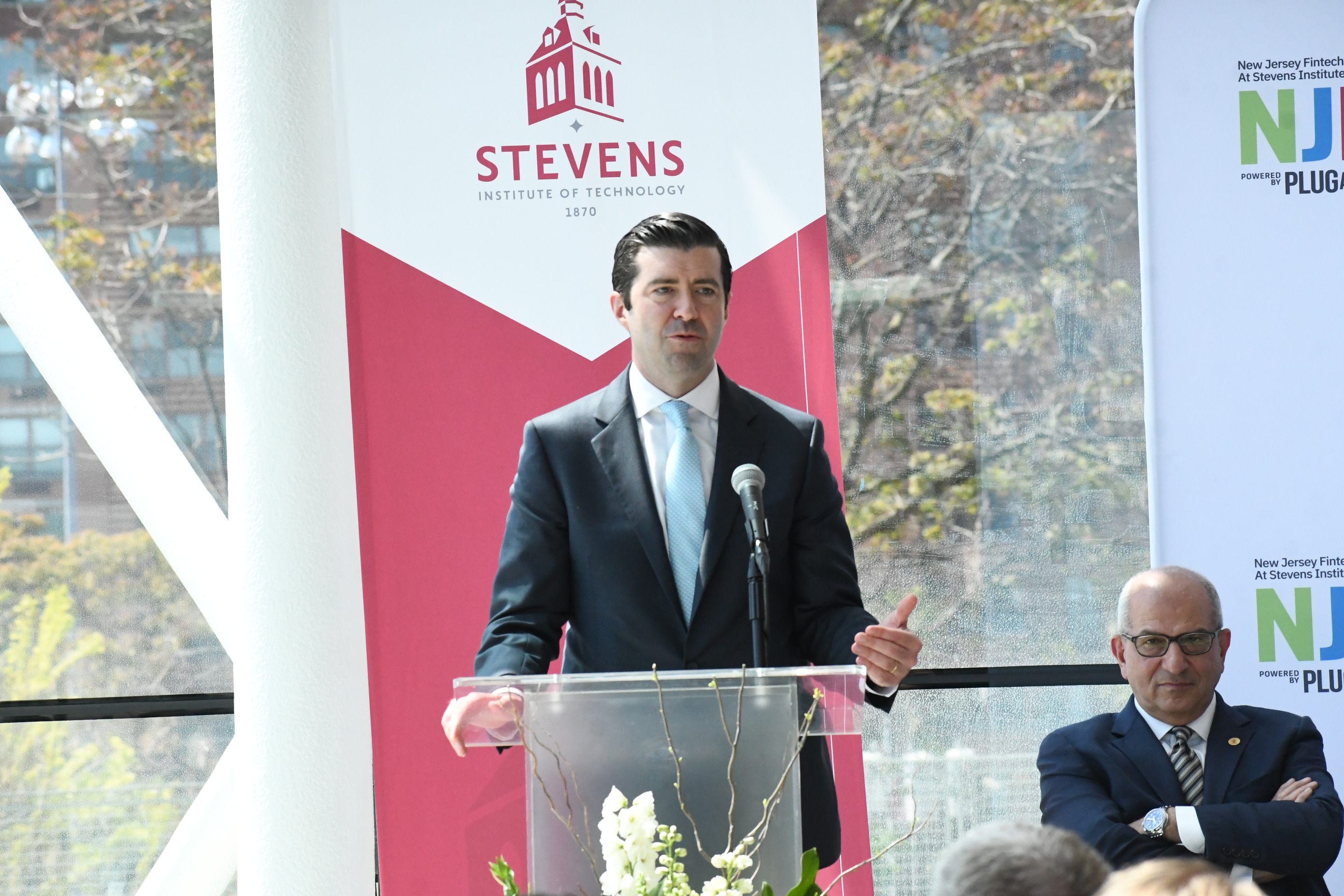 Gov. Phil Murphy, New Jersey Economic Development Authority Executive Director Tim Sullivan and other officials announce the launch of the New Jersey Fintech Accelerator at Stevens Institute of Technology (NJ FAST), which will serve as a hub for financial technology and insurance technology startups. Sullivan is seen discussing the program.