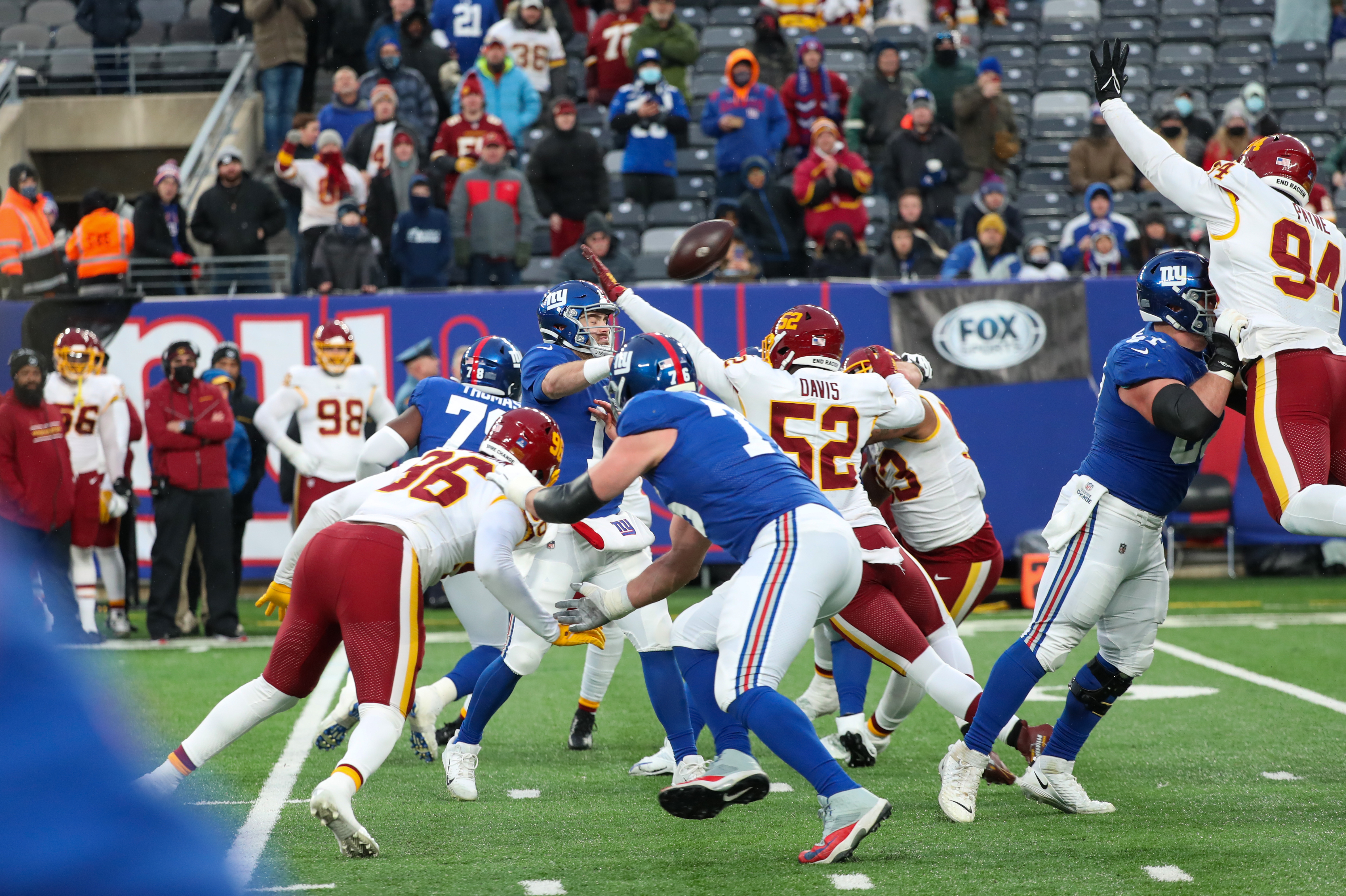 New York Giants quarterback Jake Fromm (17) throws a game-ending interception late in the fourth quarter against the Washington Football Team on Sunday, Jan. 9, 2022 in East Rutherford, N.J. Washington won, 22-7.