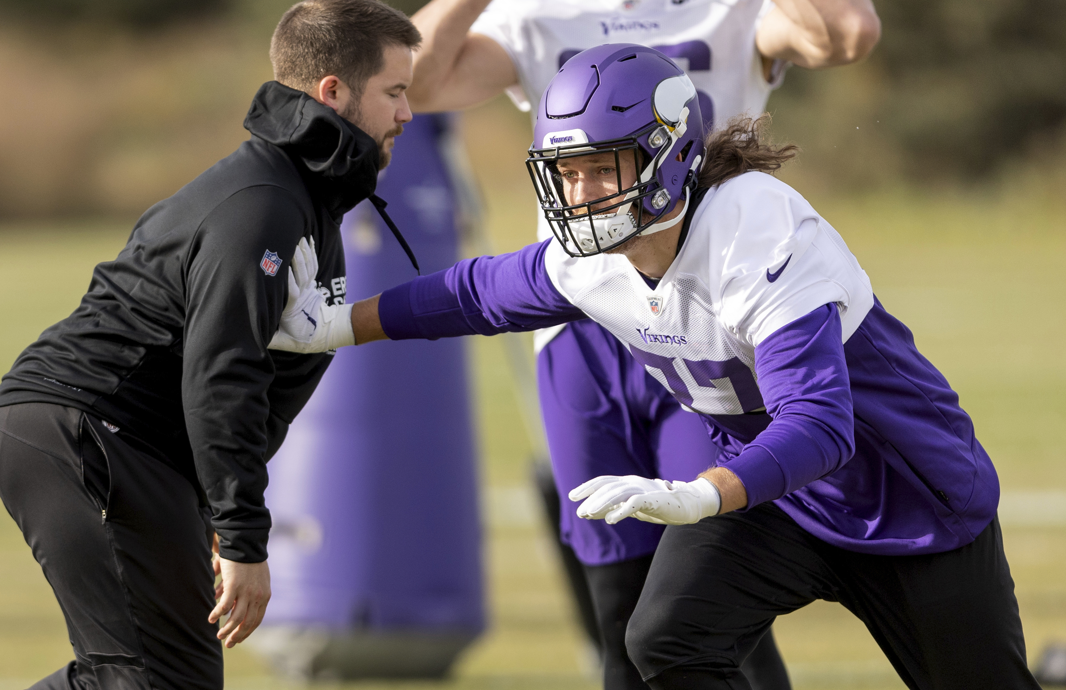 Newly acquired Minnesota Vikings tight end T.J. Hockenson (87) runs drills during NFL football practice on Wednesday, Nov. 2, 2022, in Eagan, Minn. Hockenson has been one of the league’s most productive pass-catching tight ends since the Lions picked him eighth overall in the first round of the 2019 draft out of Iowa. (Carlos Gonzalez/Star Tribune via AP)
