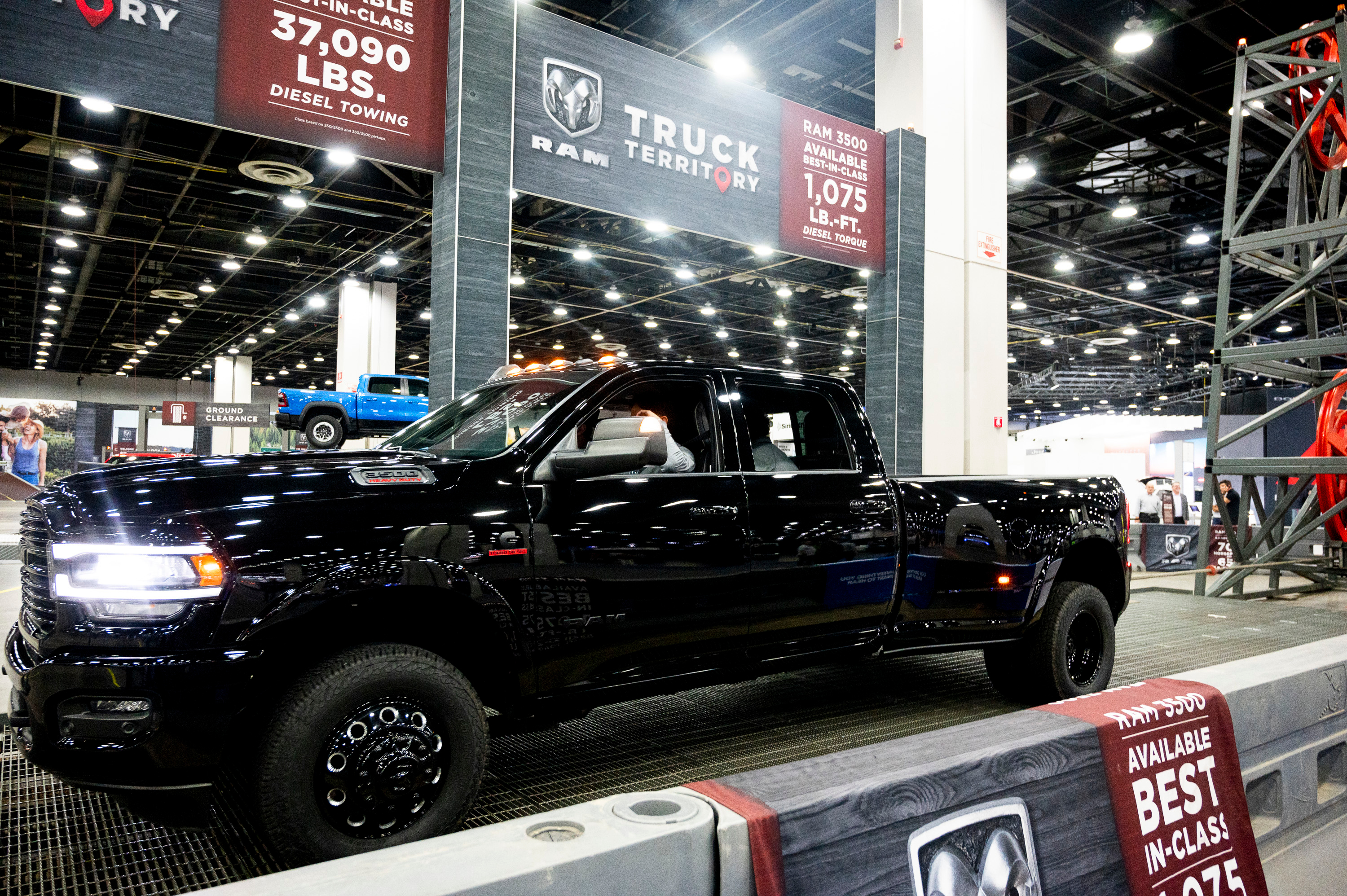 A Dodge Ram truck pulls a load during the 2022 North American International Auto Show at Huntington Place in Detroit on Wednesday, Sept. 14 2022.