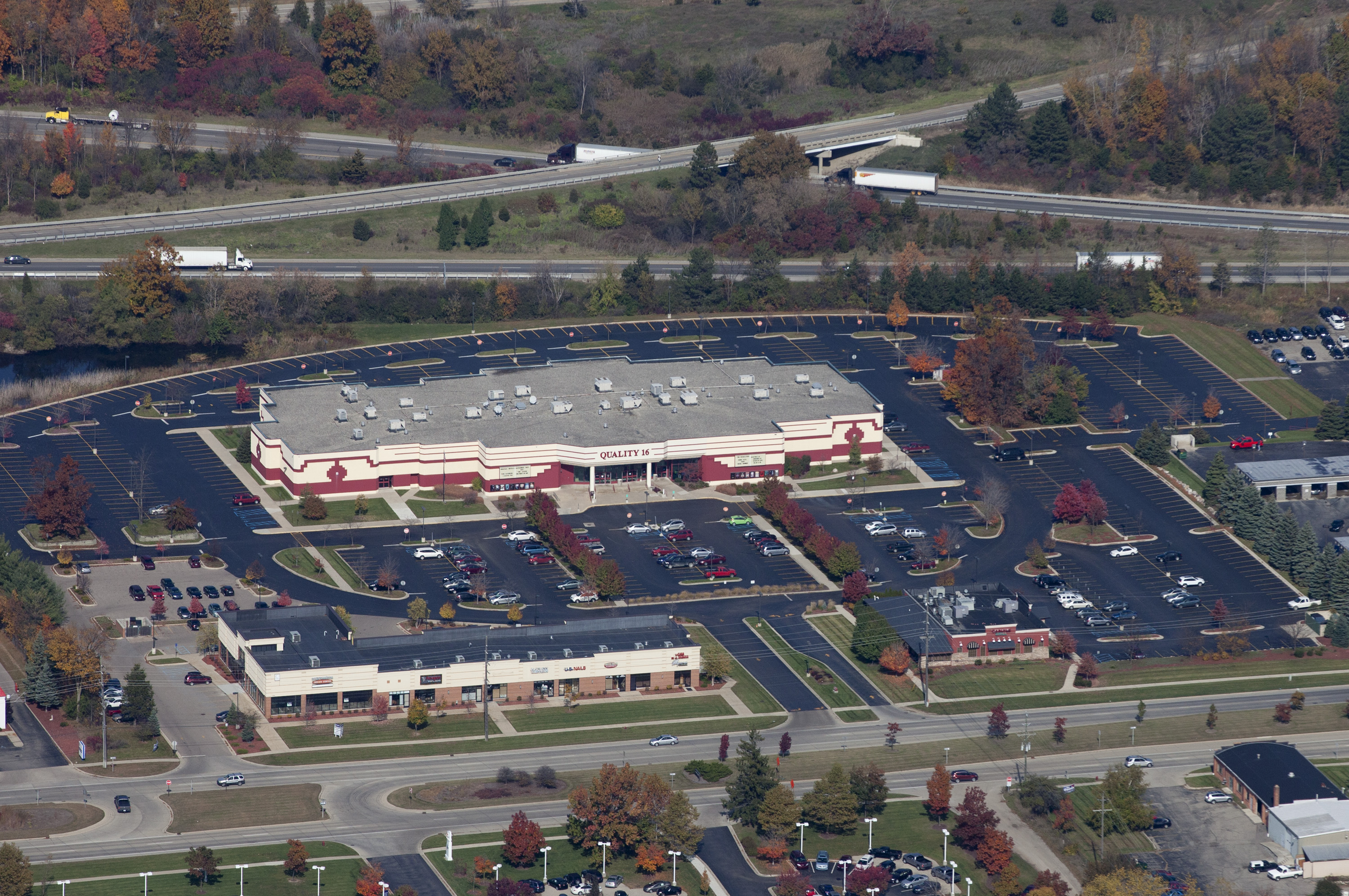 General overall aerial view of the AMC Tyler Galleria 16, Friday, March 20,  2020, in Riverside, Calif. The theater chain announced on Tuesday they  would be closing to help the spread of