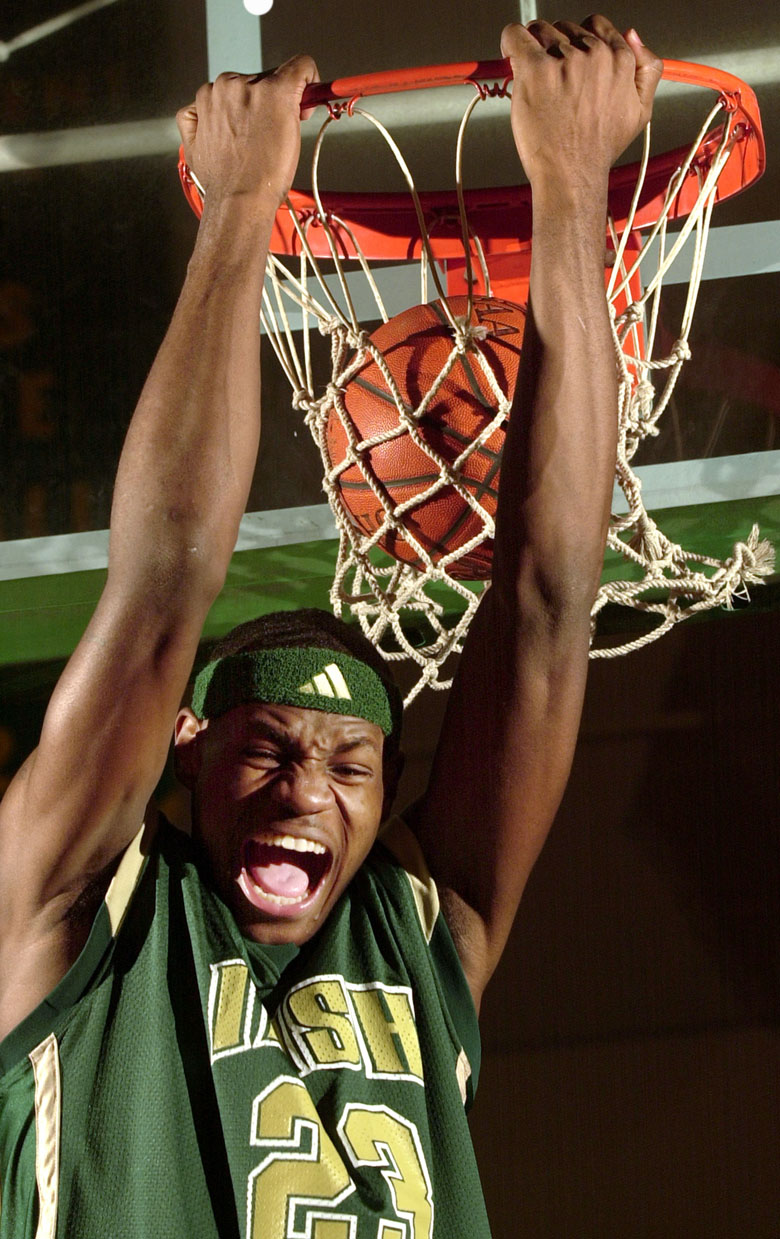 2002 Winter High School All-Star MVP for Boys basketball: LeBron James of St. Vincent-St. Mary. James is a junior. Photo shot at St. Vincent-St. Mary for All-Star section that runs April 16, 2002. (Marvin Fong/ The Plain Dealer)