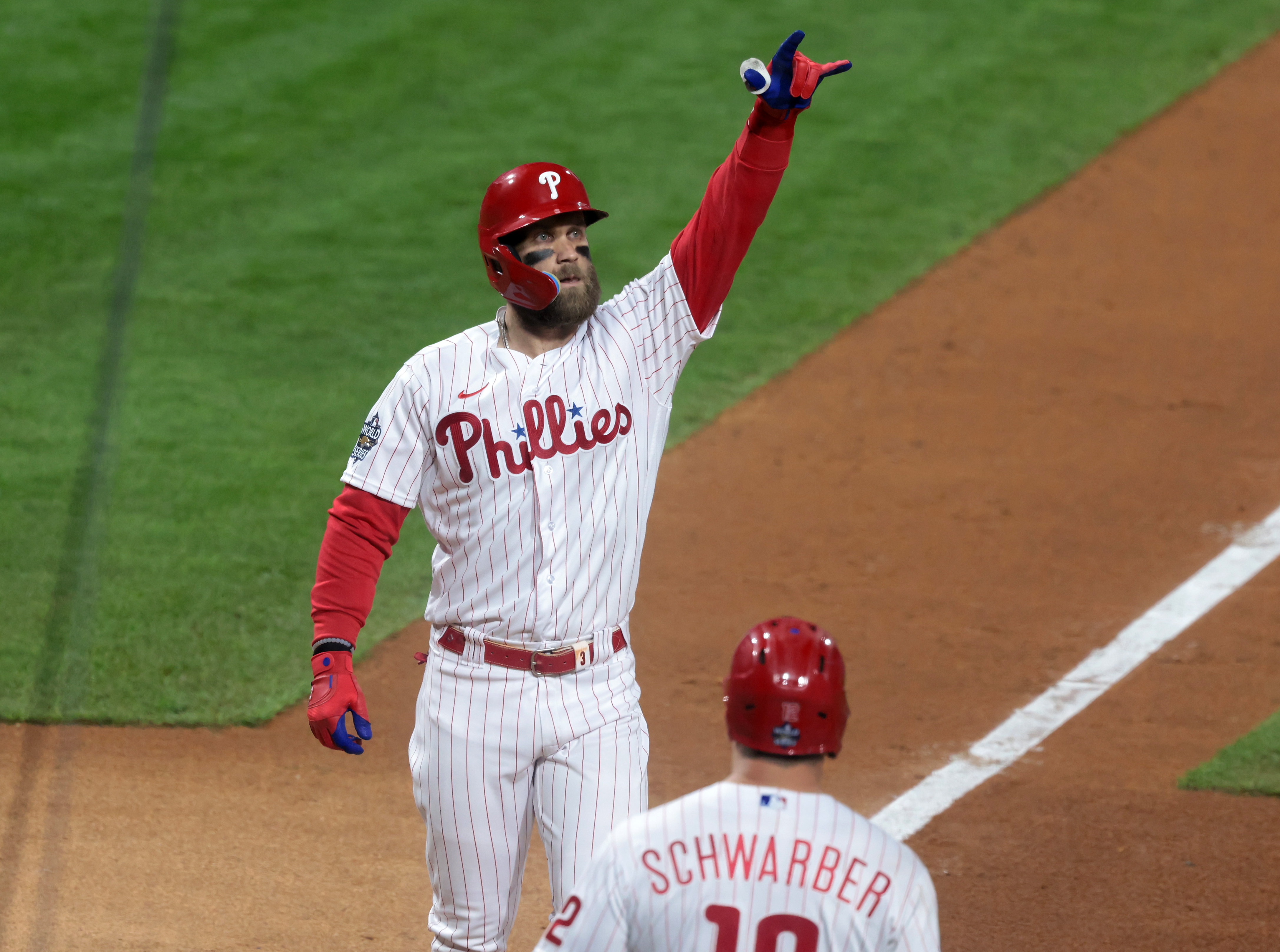 Bryce Harper (3) of the Philadelphia Phillies celebrates his two-run home run in the first inning vs. the Houston Astros during Game 3 of the World Series at Citizens Bank Park, Tuesday, Nov. 1 2022.