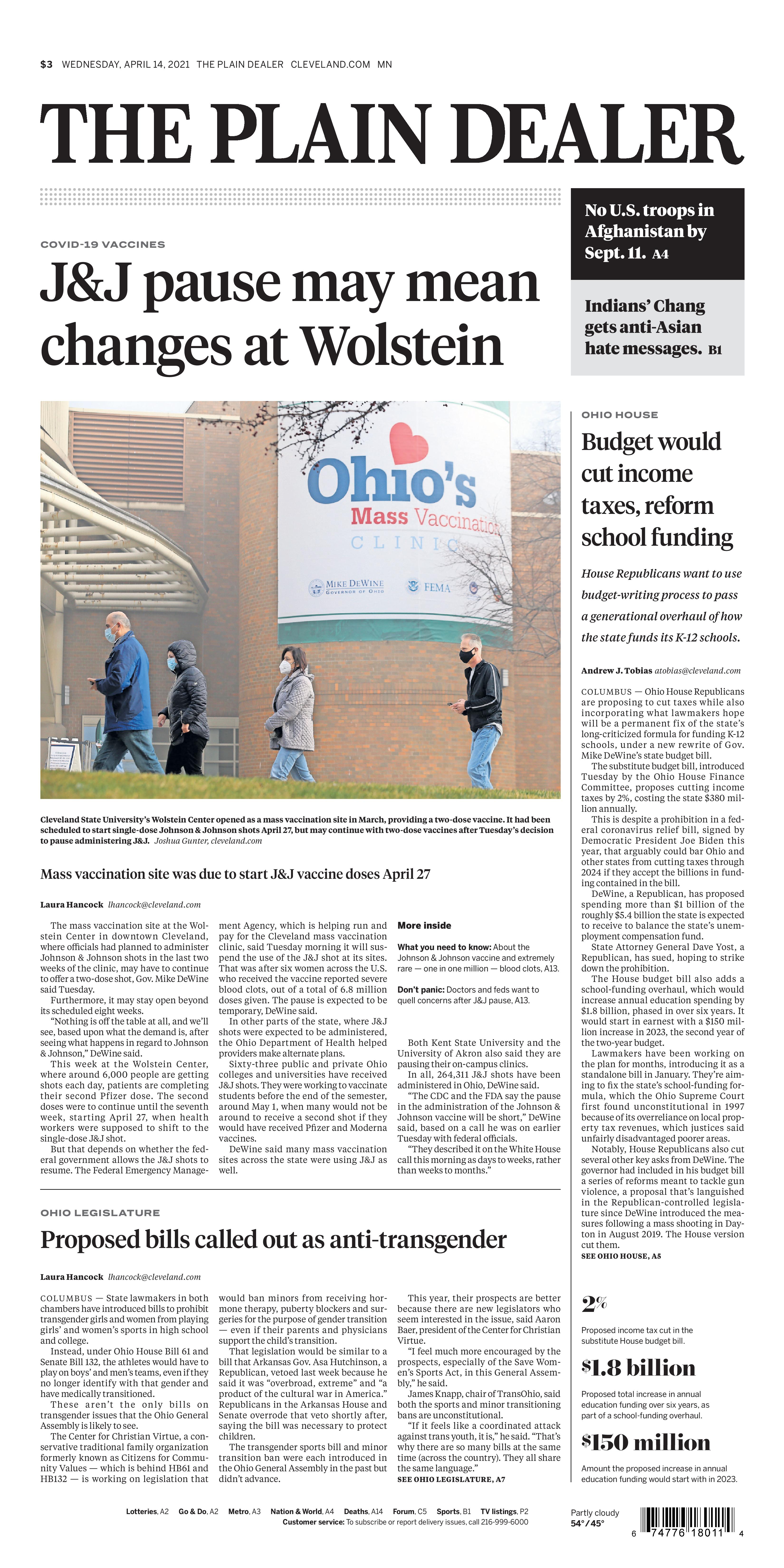 The Plain Dealer S Front Page For April 14 21 Cleveland Com