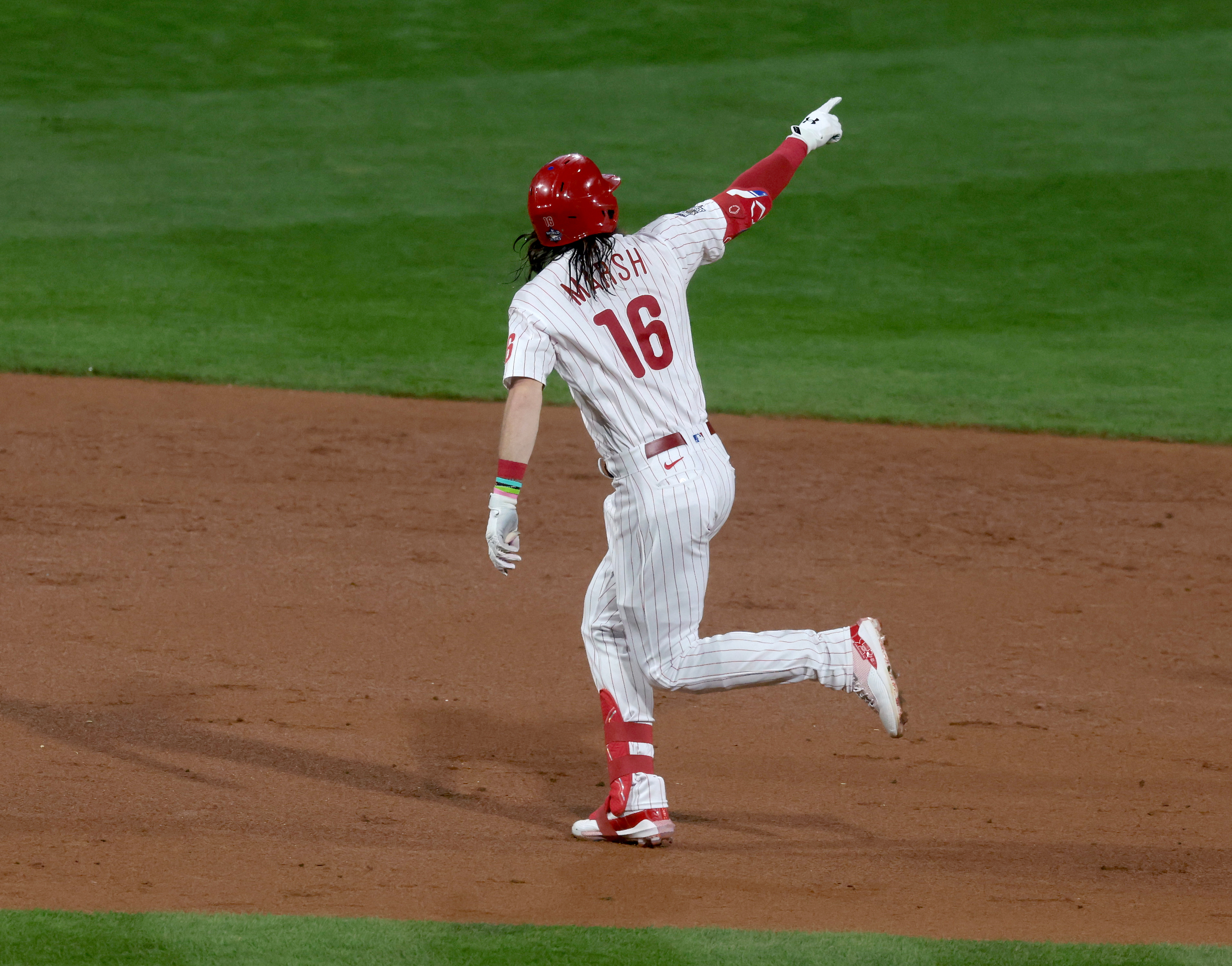 Brandon Marsh (16) of the Philadelphia Phillies reacts after hitting a home run vs. the Houston Astros in the second inning during Game 3 of the World Series at Citizens Bank Park, Tuesday, Nov. 1 2022.