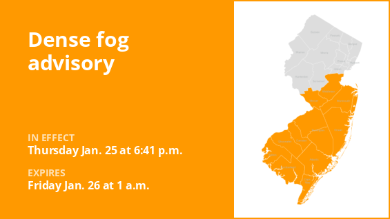Dense fog warning for 11 New Jersey counties until 1 a.m. Friday