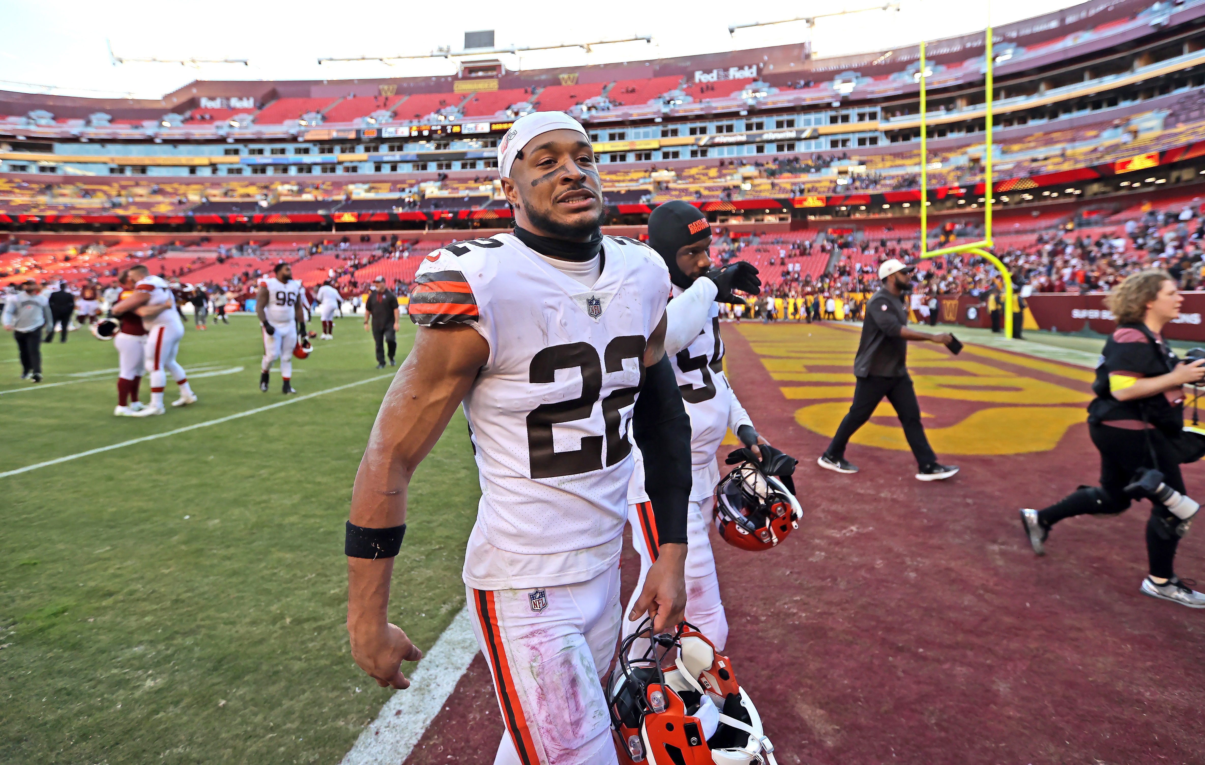 CLEVELAND, OH - DECEMBER 24: Cleveland Browns safety Grant Delpit (22)  returns an interception 40 ya